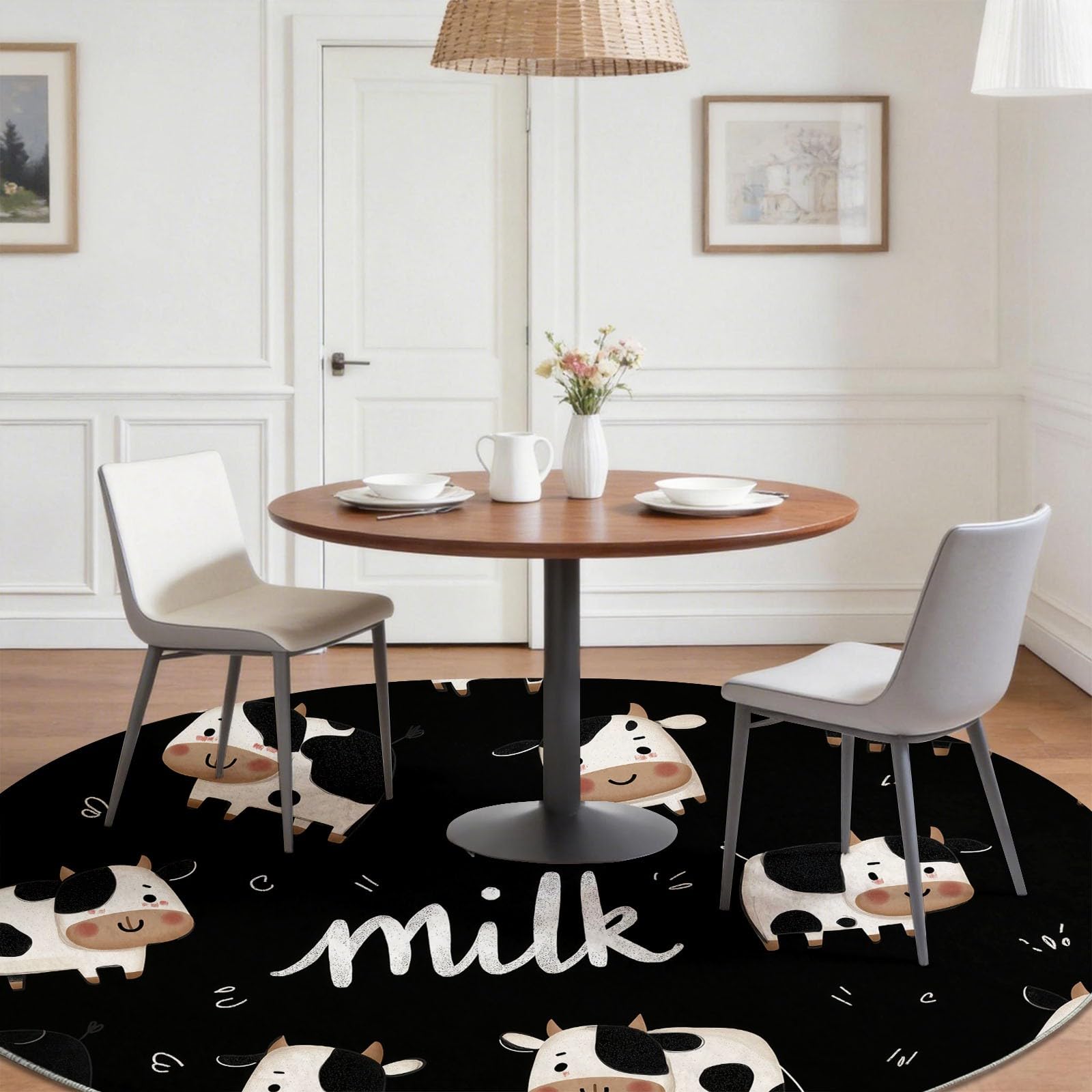 Alfombra Redonda 100 cm Negro Dibujos Animados Lindo Vaca Letras, Alfombra Pelo Corto para Salón, Dormitorio y Oficina, Antideslizante y Lavable, Apta para Robot Aspirador, Suelo