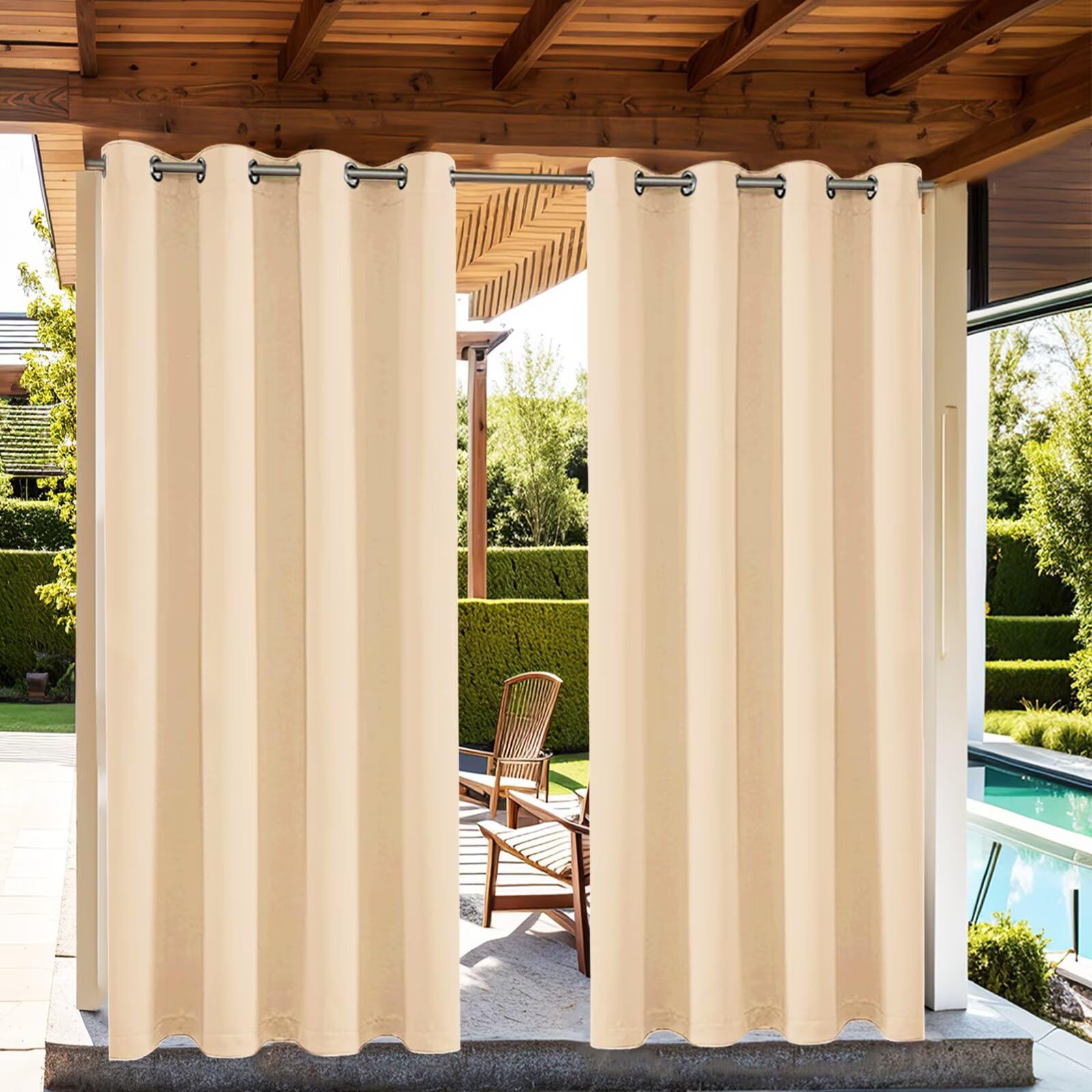 Rideaux Extérieur Terrasse Protection Anti-UV Opaque Elégant Isolants Thermiques Rideau Résistant à La Décoloration pour Jardin Balcon Cour Plage Terrasse Patio 335L X 215H cm (1 Panneaux) Beige