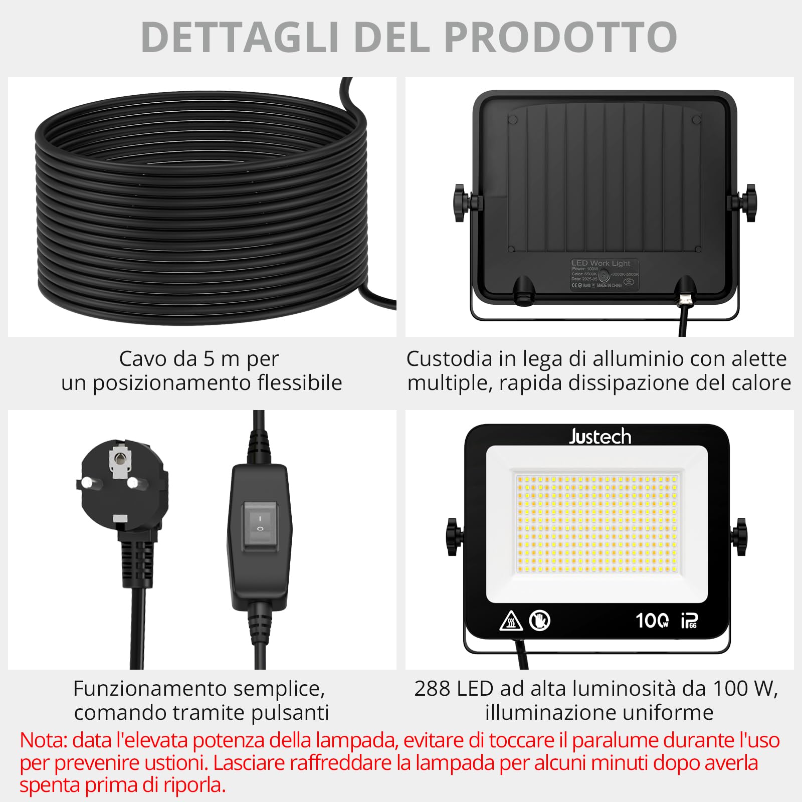 Justech Faretti da Lavoro LED con Treppiede Telescopico, 100W 27000LM Luci da Lavoro con Spina per Officina, Cantiere Edile, Garage, Giardino, Impermeabile IP66, 3000K/5000K/6000K