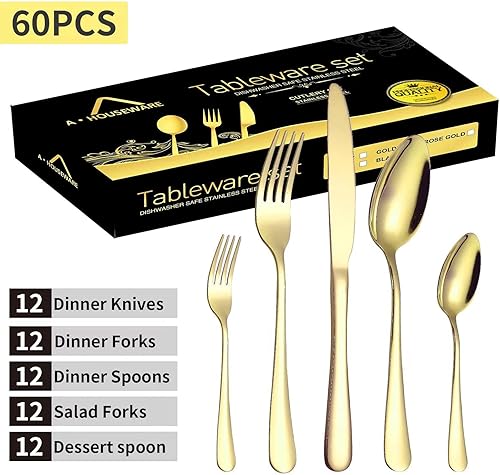 Miniatura 9 de Juego de 60 cubiertos dorados de acero inoxidable para 12 cubiertos A  HOUSEWARE Cocina Comer Untensil, mango ancho redondo pesado apto para