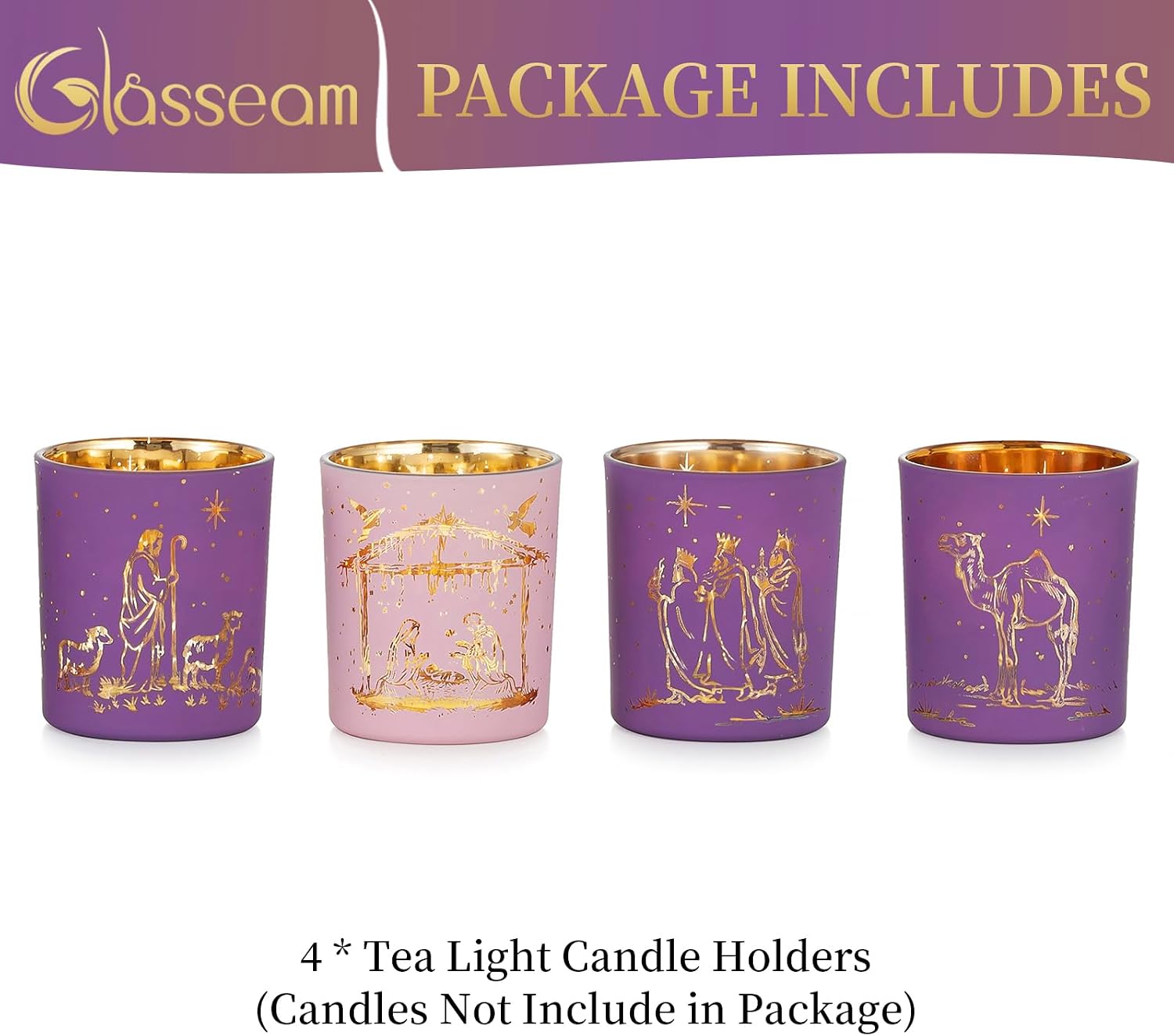 Glasseam Christmas Advent Candle Holder: 4 Pcs Glass Votive Candle Holders Nativity Decorations Sets Pink Purple Tealight Holder for Table Centerpiece Christian Birthday Gift
