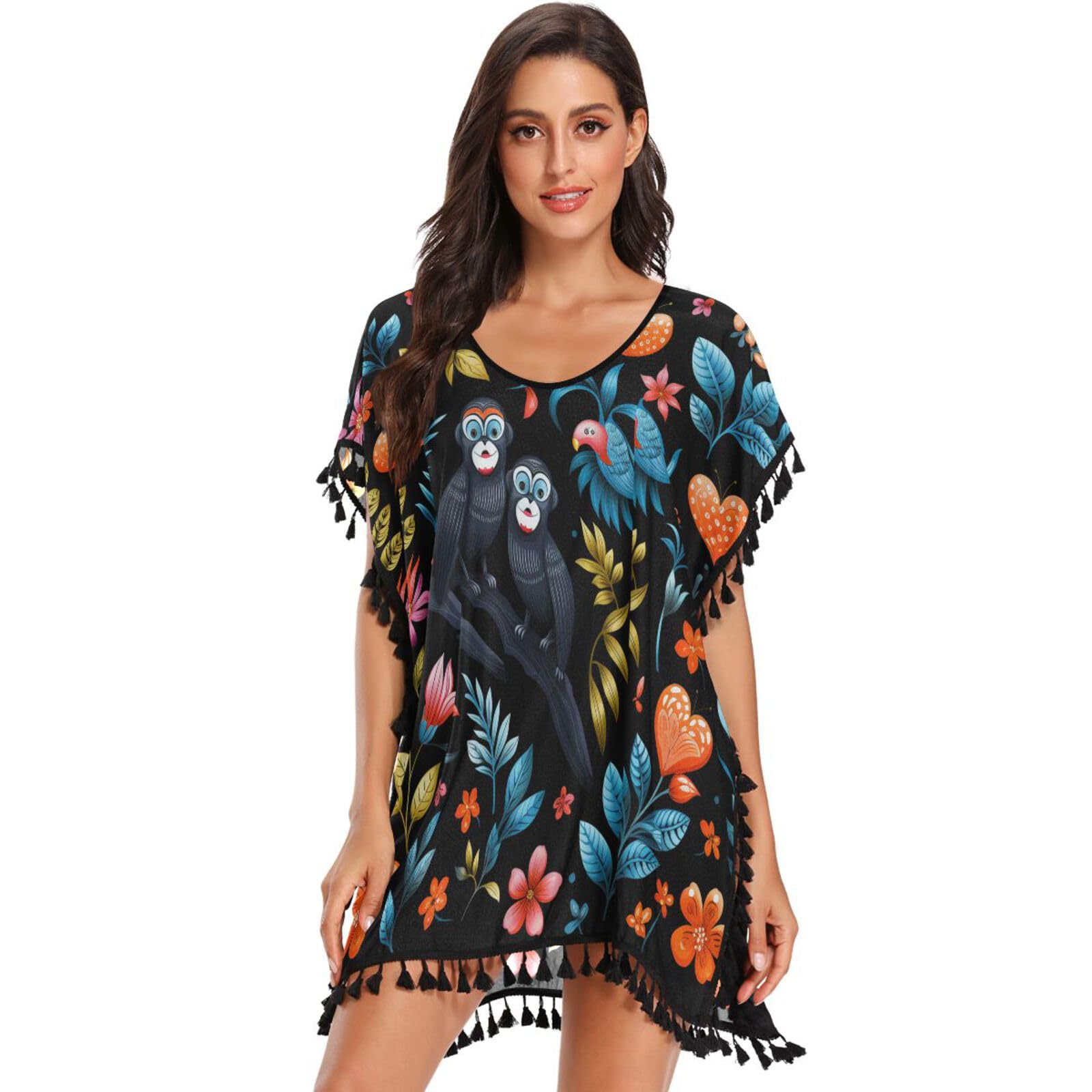Flowers Chimpanzees Abstract Art Women's Beach Cover Up Chiffon Tassel Swimwear Swimsuit Coverups for Girl