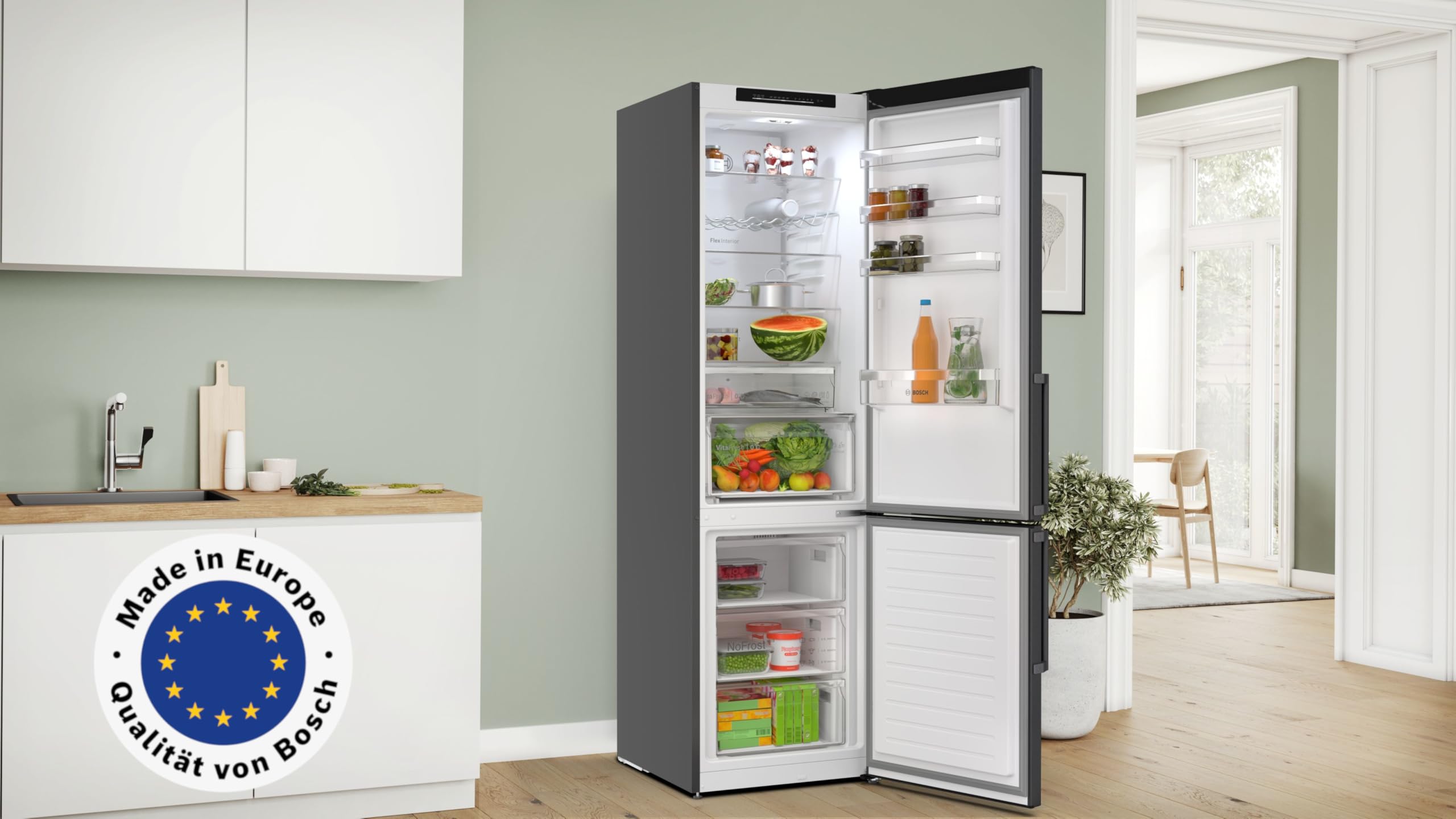 Bosch Serie 4 Freistehende Kühl-Gefrier-Kombination 203 x 60 cm KGN39VXAU | NoFrost nie wieder abtauen, edles Black Inox Design, XXL 363 l Volumen, VitaFresh Frischesystem, extrem leise 29 dB