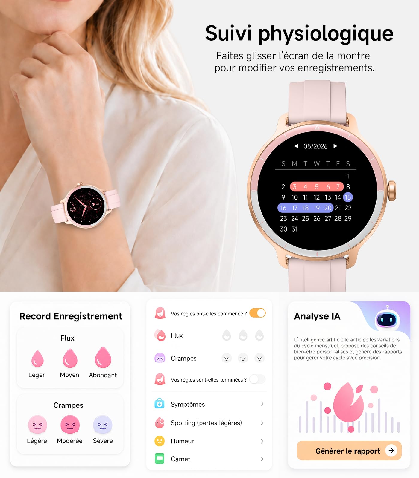 Montre intelligente femme,ultra-mince 0,39",suivi 24H | Appels Bluetooth, ip68 étanche, fréquence cardiaque / cycle Tracker, 100 + modes sportifs, compatible Android / iPhone