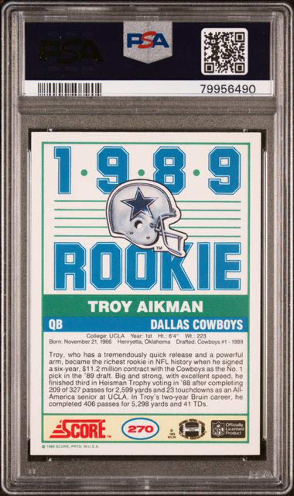お値下げ可　PSA鑑定　1989年　TROY AIKMAN ルーキーカード Amazon.com: Graded 1989 Score Troy Aikman #270 Rookie RC Football