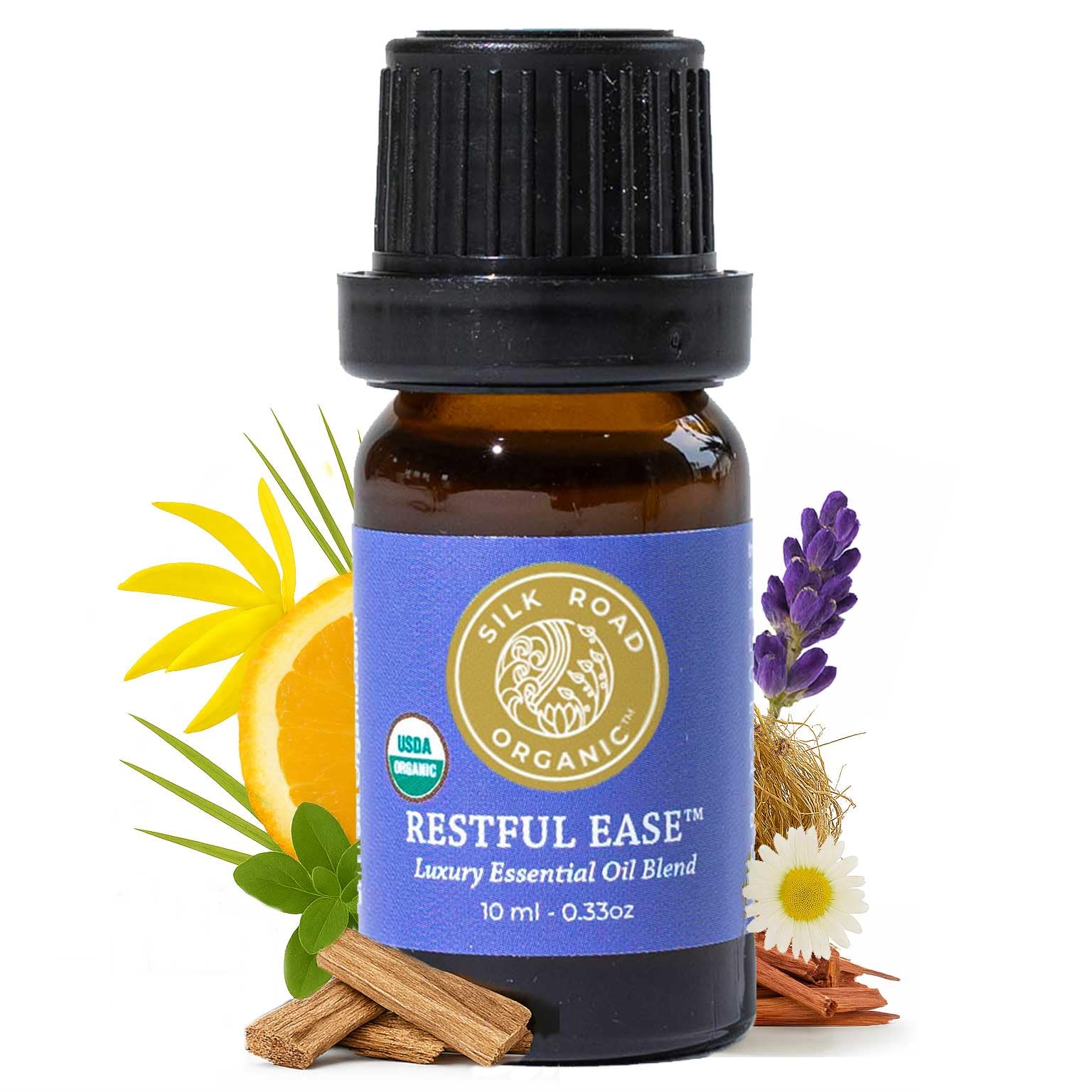 Silk Road Organic Restful Ease Essential Oil Sleep & Stress Blend - 100% Pure USDA Certified with Indian Sandalwood - Stress Ease Aromatherapy & Calming Relaxation - 10 ml Dropper