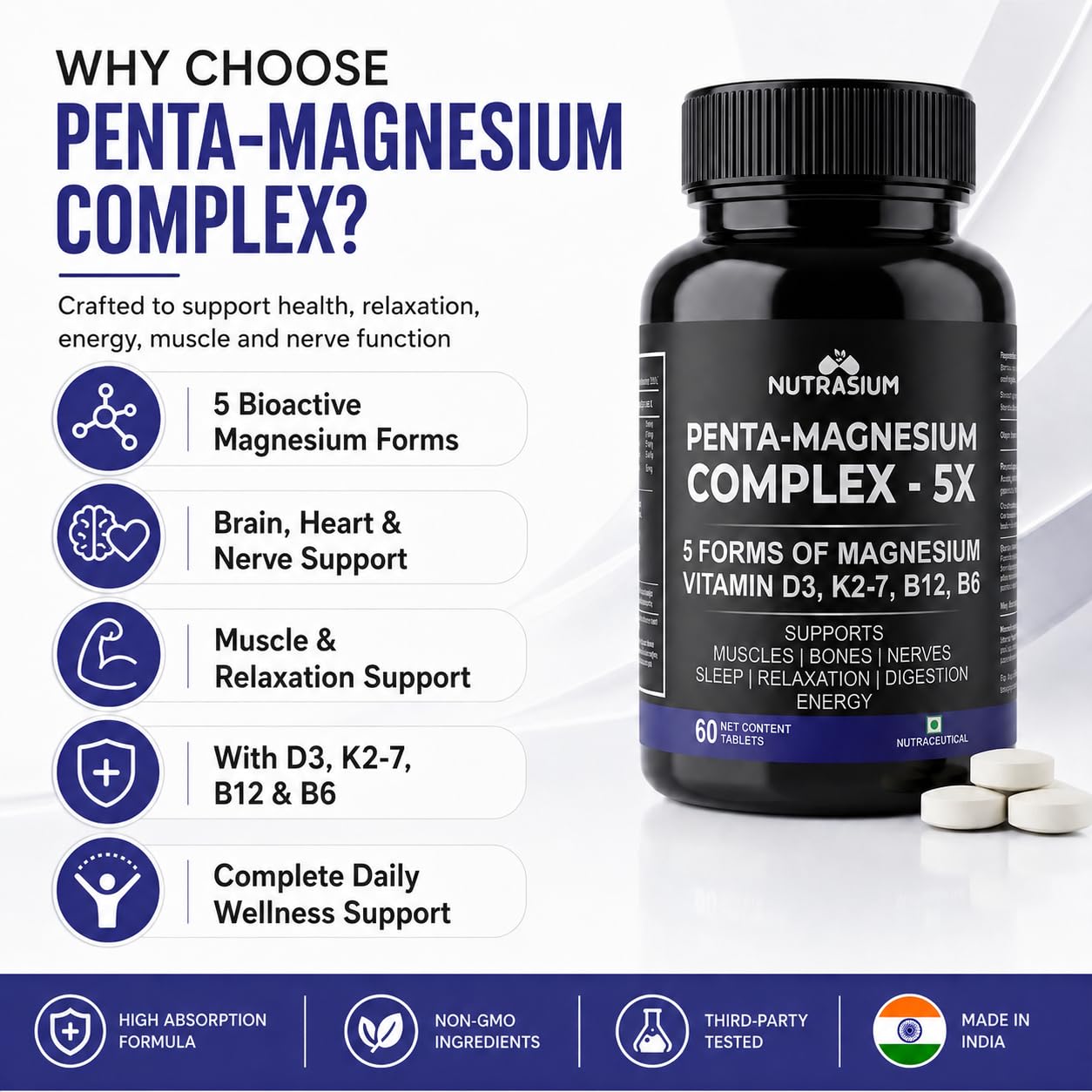 Nutrasium Penta Magnesium Complex 5X | 5 Forms of Magnesium with Vitamin D3, K2-7, B12 & B6 | Supports Muscles, Bones, Nerves, Relaxation, Sleep & Energy | 60 Tablets — Amazon image 8