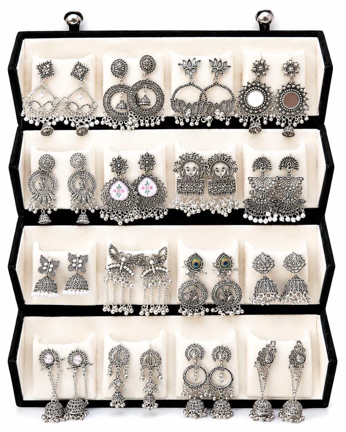 MOHMITMART 16 Pair Oxidised Silver Earring Jhumka Box Combo Set – Traditional Jhumka Earrings, Chandbali & Stud Collection for Women with Black Velvet Box (Random design)-image-38