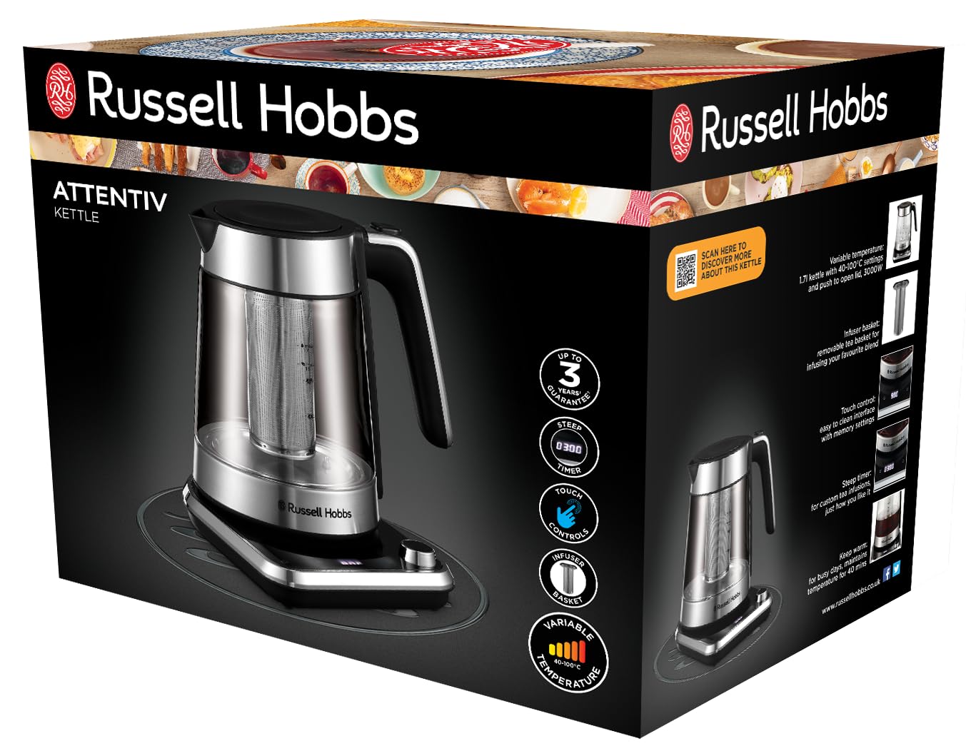 Russell Hobbs Bollitore Elettrico - Design in Vetro, Impostazione Della Temperatura 40-100° e Filtro per Infusione - 1,7L, 2400W Acciaio Inox; Touch Digitale; Mantenimento in Caldo, 26200-70