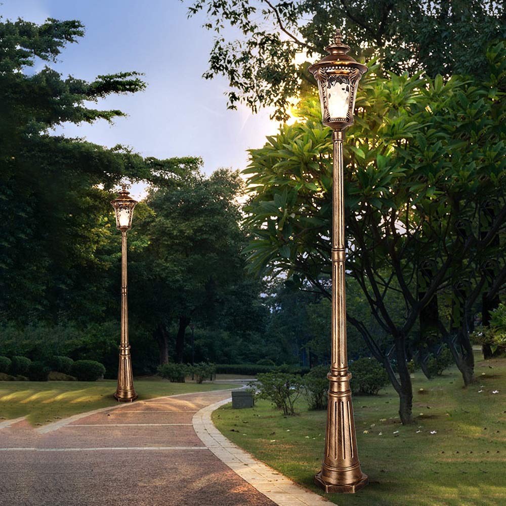 Lampadaire vintage nordique traditionnel E27 à tête unique en verre antique vintage IP65 étanche pour extérieur, jardin, allée, pelouse, allée