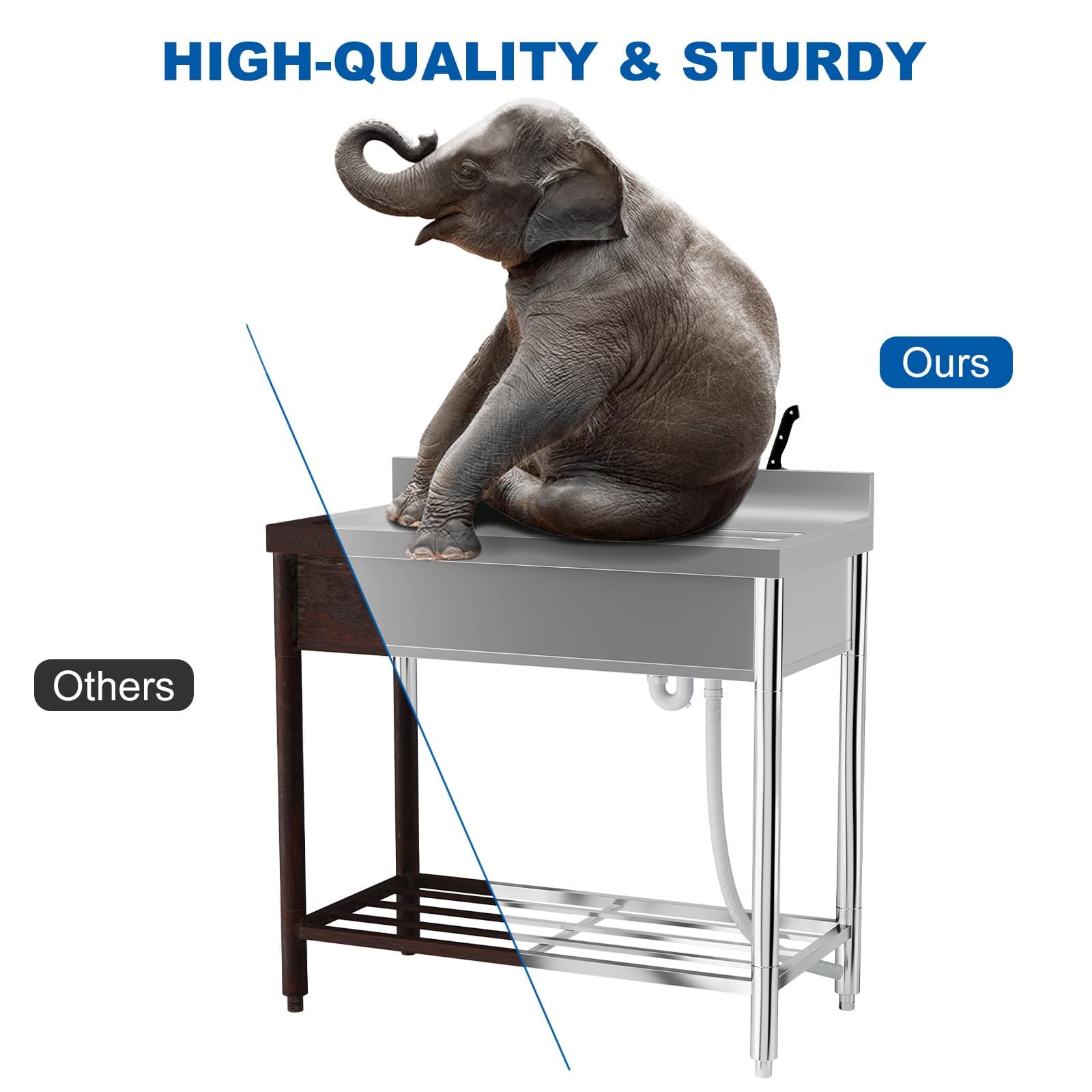 Free Standing Kitchen Sink, W39 x D20 x H37 In, With 360°Rotating Faucet Hot and Cold Water Pipes Stainless Steel Storage Rack for Kitchen Restaurant Garages Outdoor(Easy to I