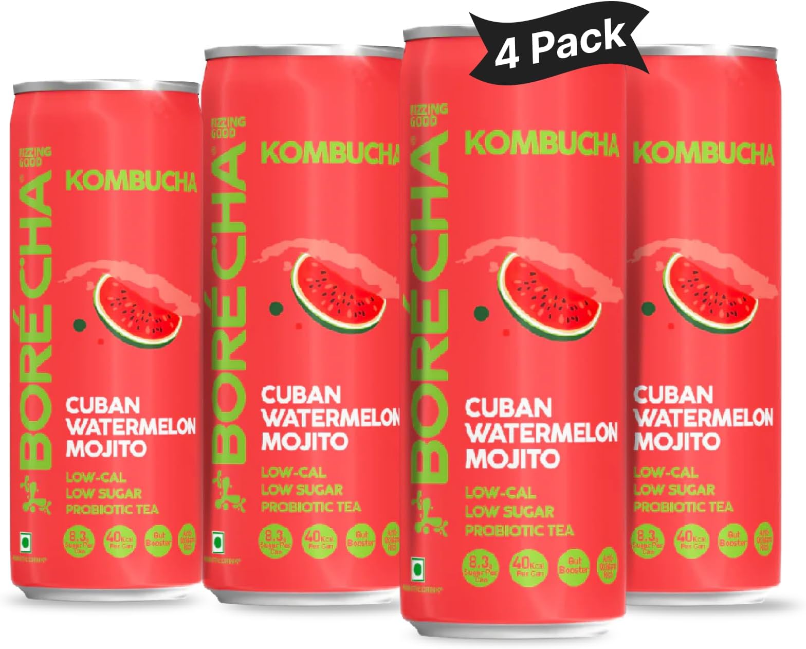 Borécha Kombucha Cuban Watermelon Mojito | Low Sugar Prebiotic Kombucha Tea | 100% Natural Ingredients | Gut Friendly Energizing Kombucha Beverage | Low Calorie Sparkling Drink 330ml (Pack of 4)