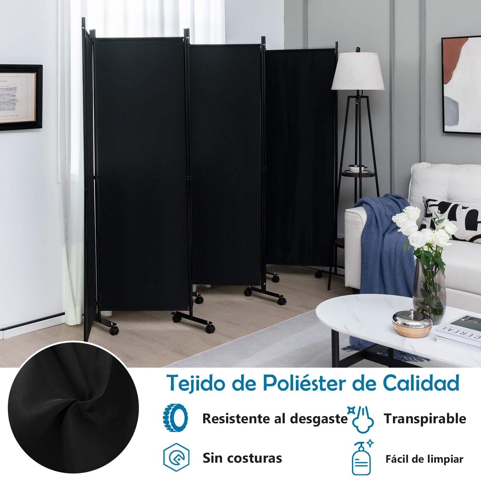 GOPLUS Biombo Separador de Ambientes de 6 Paneles con 14 Ruedas Bloqueables, Biombo Plegable de Tela con Marco de Metal para Privacidad, Divisor para Salón Dormitorio Oficina (Negro)