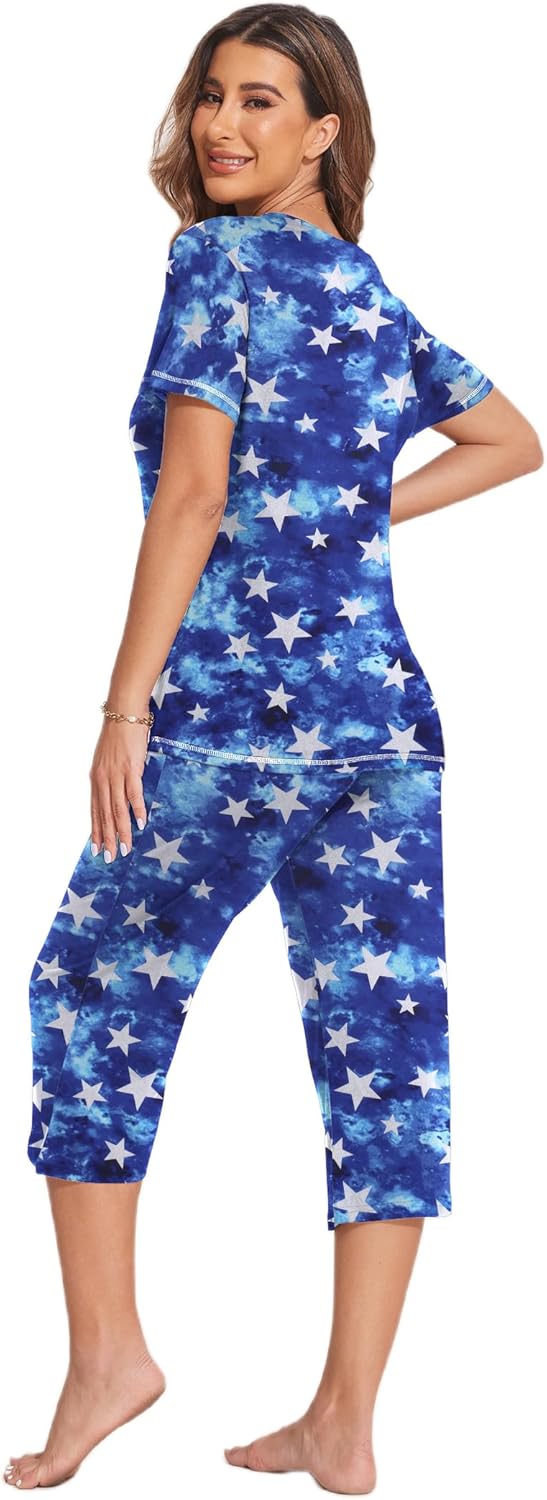 Ekouaer Women's Sleepwear Capri Pajama Sets Short Sleeve Two-Piece Pjs V Neck Tops & Capri Pants with Pockets S-3XL - Image 5