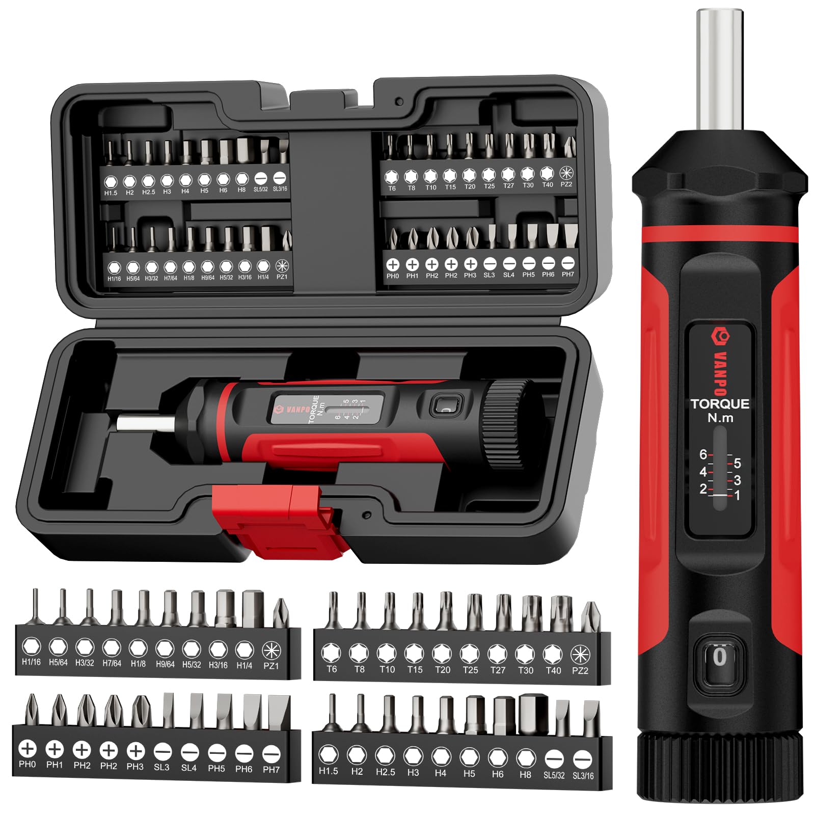 VANPO Destornillador Dinamométrico, 1-6Nm, 0.1Nm Juego de Brocas de Destornillador Dinamométrico, 1/4" Llave Dinamométrica con Mango en T, Puntas Planas, Hexagonales, Torx y Phillips para Bicicletas