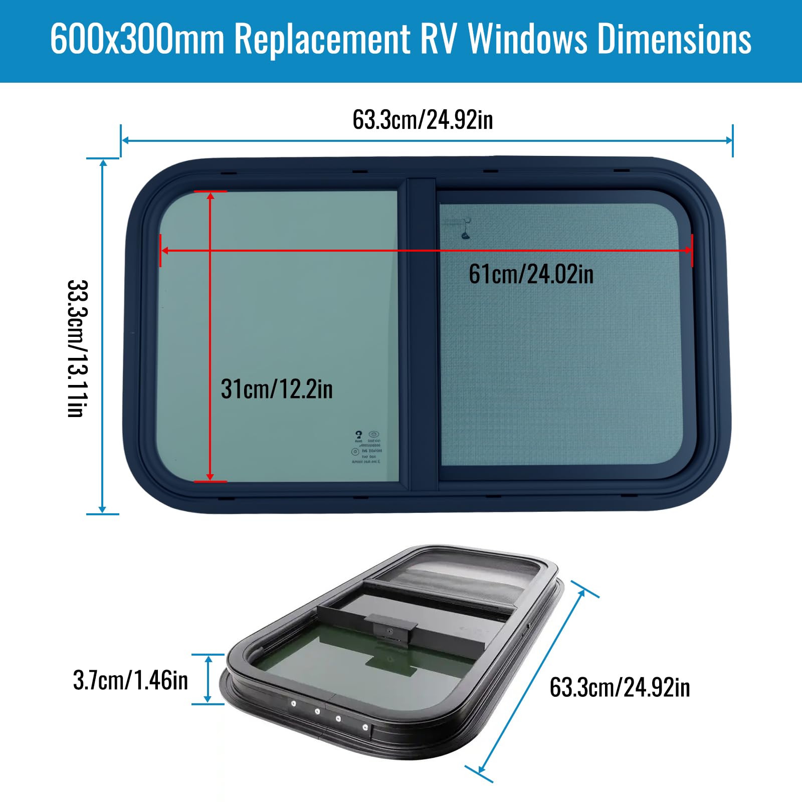 Fenêtre Caravane 600x300mm Avec Moustiquaire, Latérale Camping-Car | Fenêtre De Camping-Car Avec Protection Solaire Et Ventilation, Idéale Pour Caravanes, Remorques Et Aménagements Mobiles