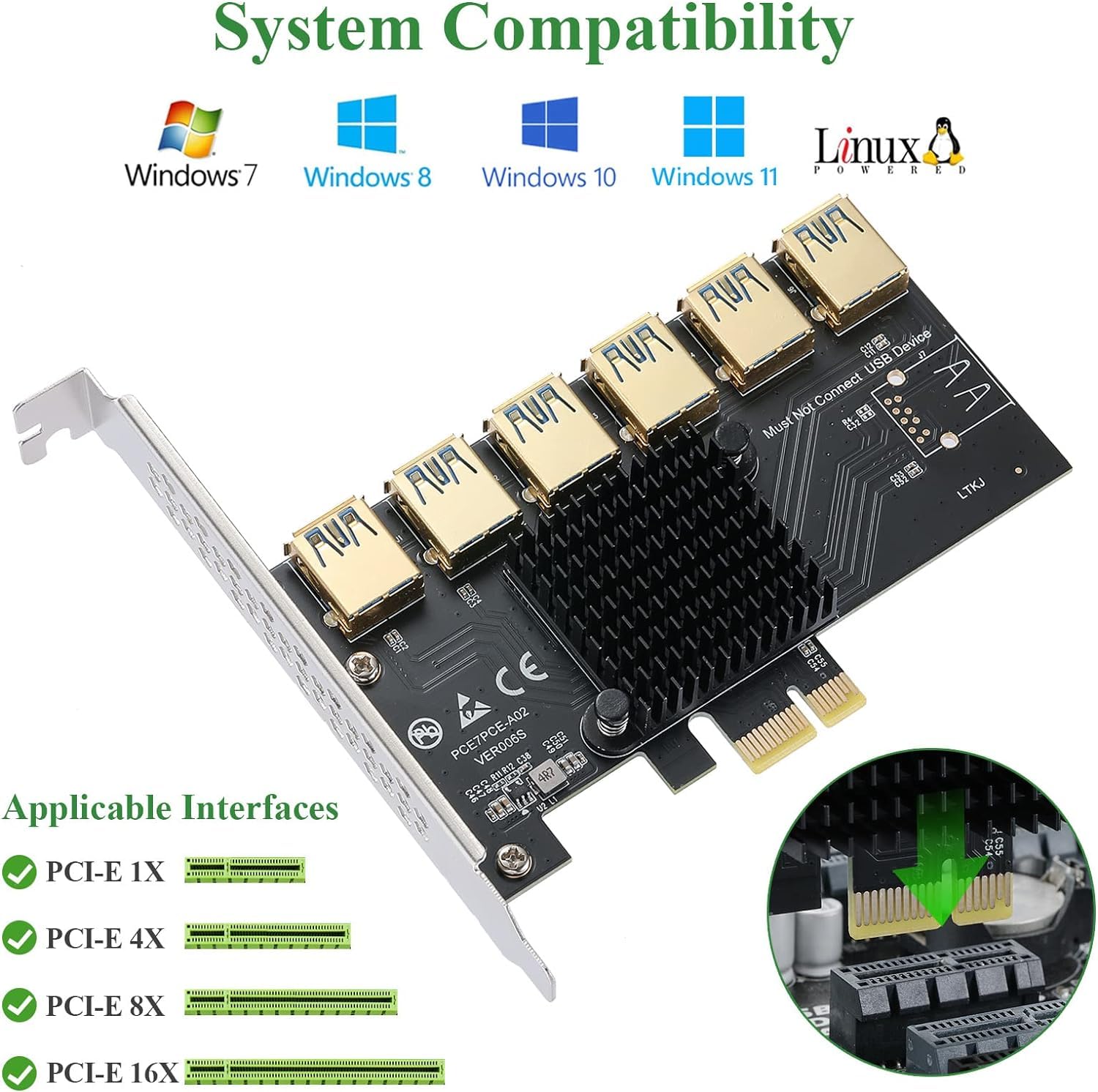 PCIe 1 to 6 PCI Express 16X Riser Card, PCI-E 1X to External 6 USB 3.0 Converter Adapter w/Large Heatsink, PCIE Splitter Multiplier Extender Board for GPU Ethereum Bitcoin Crypto Mining Rig