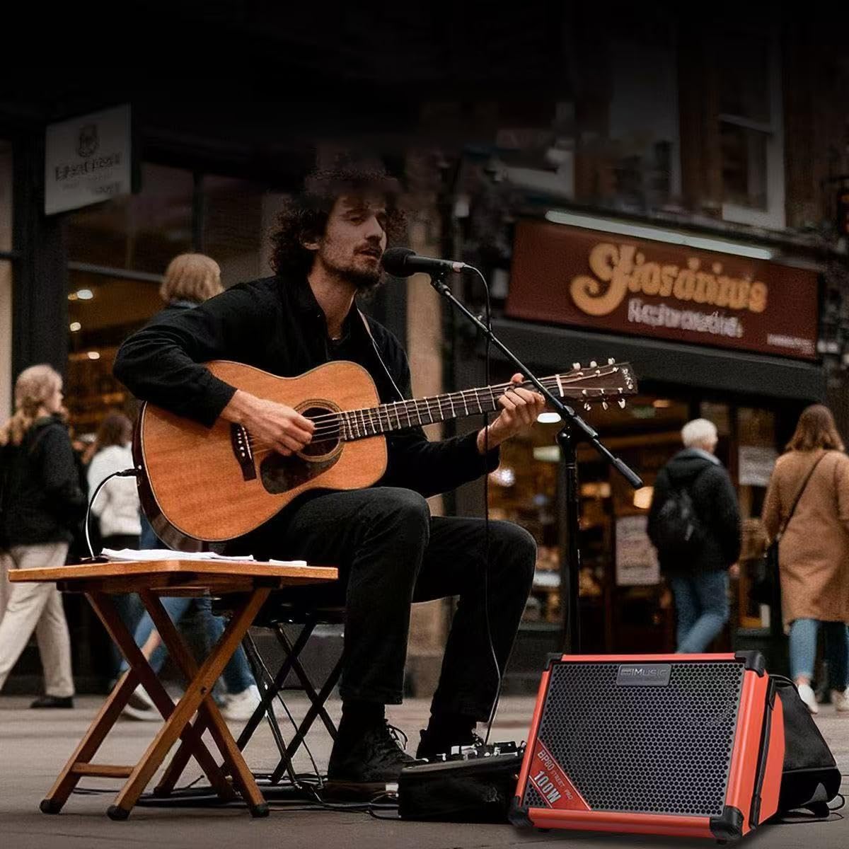 Coolmusic BP80 Akustikgitarren-Verstärker 100 W Bluetooth tragbar 6 Eingänge 3-Band-EQ