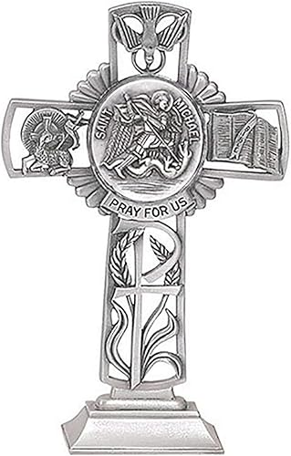 Estaño Católico San Miguel Arcángel Reza por nosotros Cruz de pie, 6 pulgadas