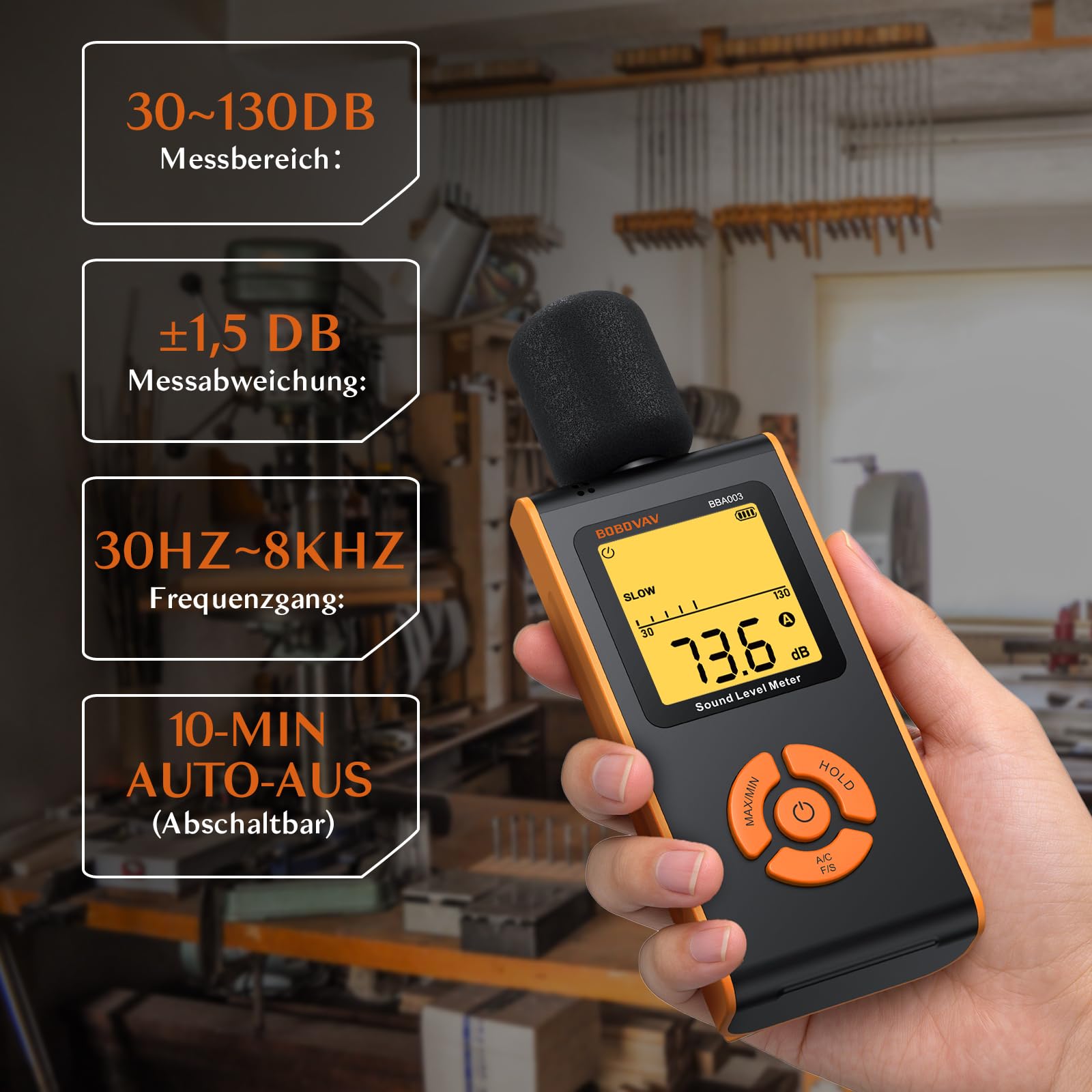 Schallpegelmesser, Dezibel-Messgerät 30dB bis 130dB, A/C Gewichtet Tragbare Geräuschmesser für Heimfabriken, mit LCD-Display 3-Farben, MAX/MIN/HOLD, FAST/SLOW Reaktion Schalldruckmessgerät