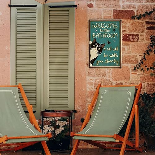 Miniatura 5 de Divertidos letreros de metal para decoración de baño de gato, letrero de bienvenida al baño, letrero de gato con texto en inglés "A Cat Will Be With