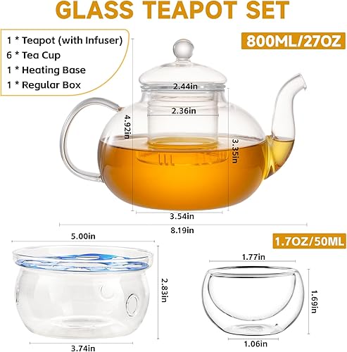 Miniatura 2 de Juego de tetera de cristal 27 onzas  271fl oz hervidor de vidrio seguro para estufa con 6 tazas de té pequeñas de doble pared e infusor de té suelto
