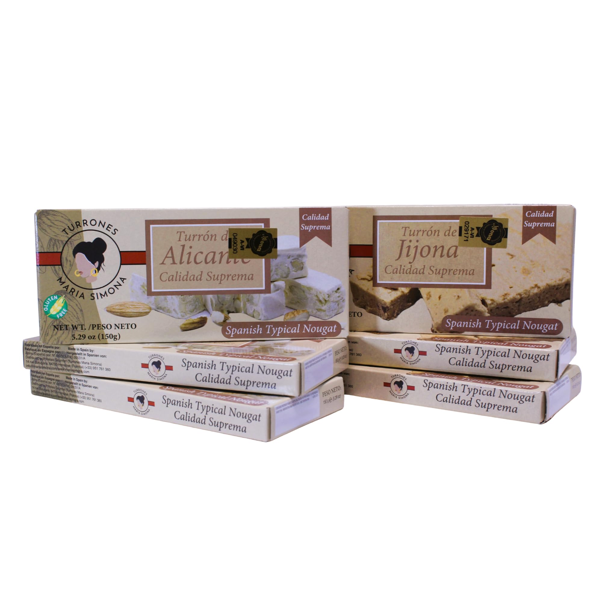 Pack 6 Turrones Españoles IGP – 3 Jijona Blandos y 3 Alicante Duros – Maria Simona | Artesanales, Sin Gluten | Almendra y Miel | Navidad y Fiestas