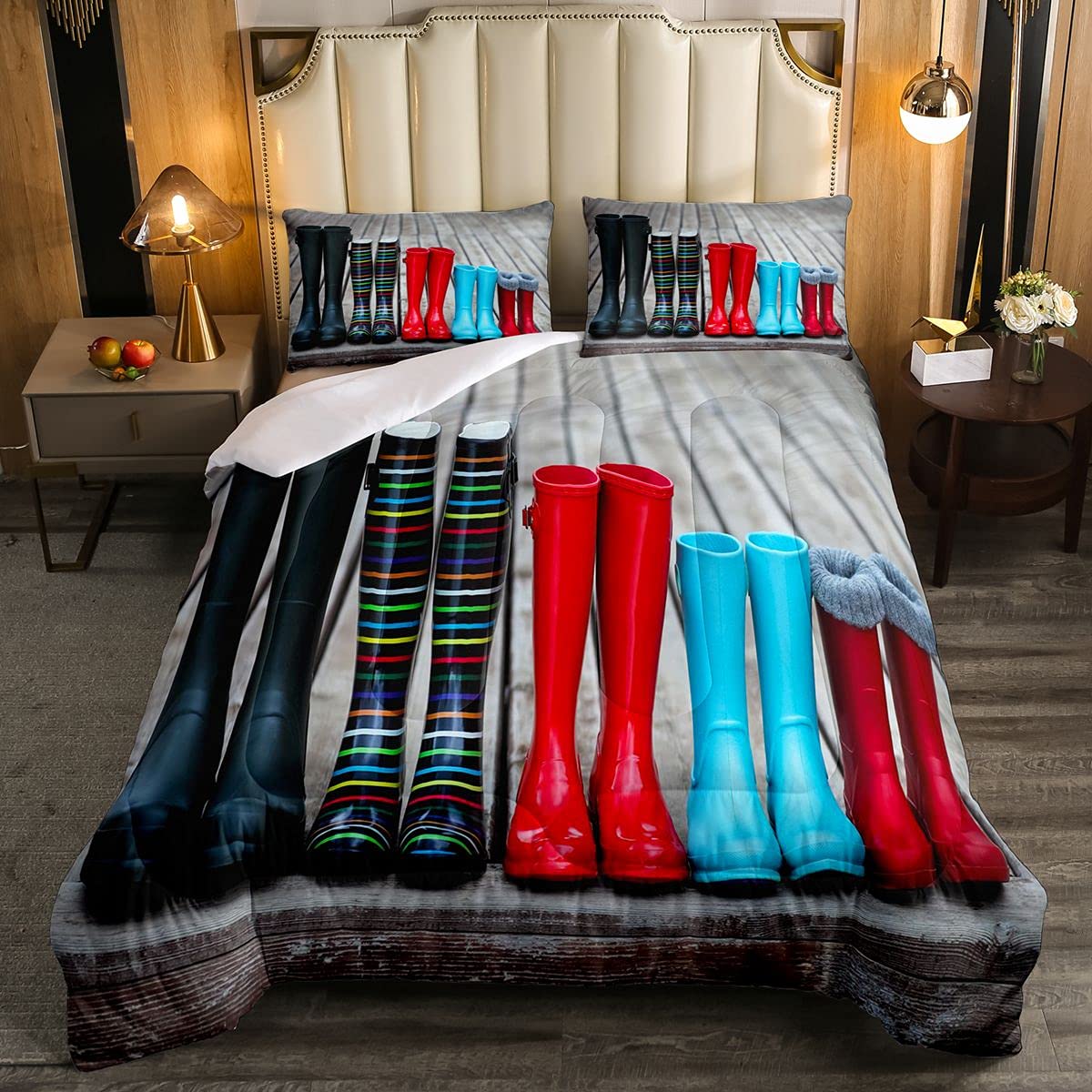 Loussiesd Rain Boots Wooden Soft Duvet Five Pairs Of A Colorful Rain Boots Bedding Set Red Blue Black with 2 Pillowcases 3Pcs Bedding Double