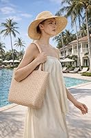 Vista 2 de Bolso de mano tejido para mujer, bolso grande de cuero tejido para mujer, elegante bolso de verano para trabajo, viajes, playa Dorado