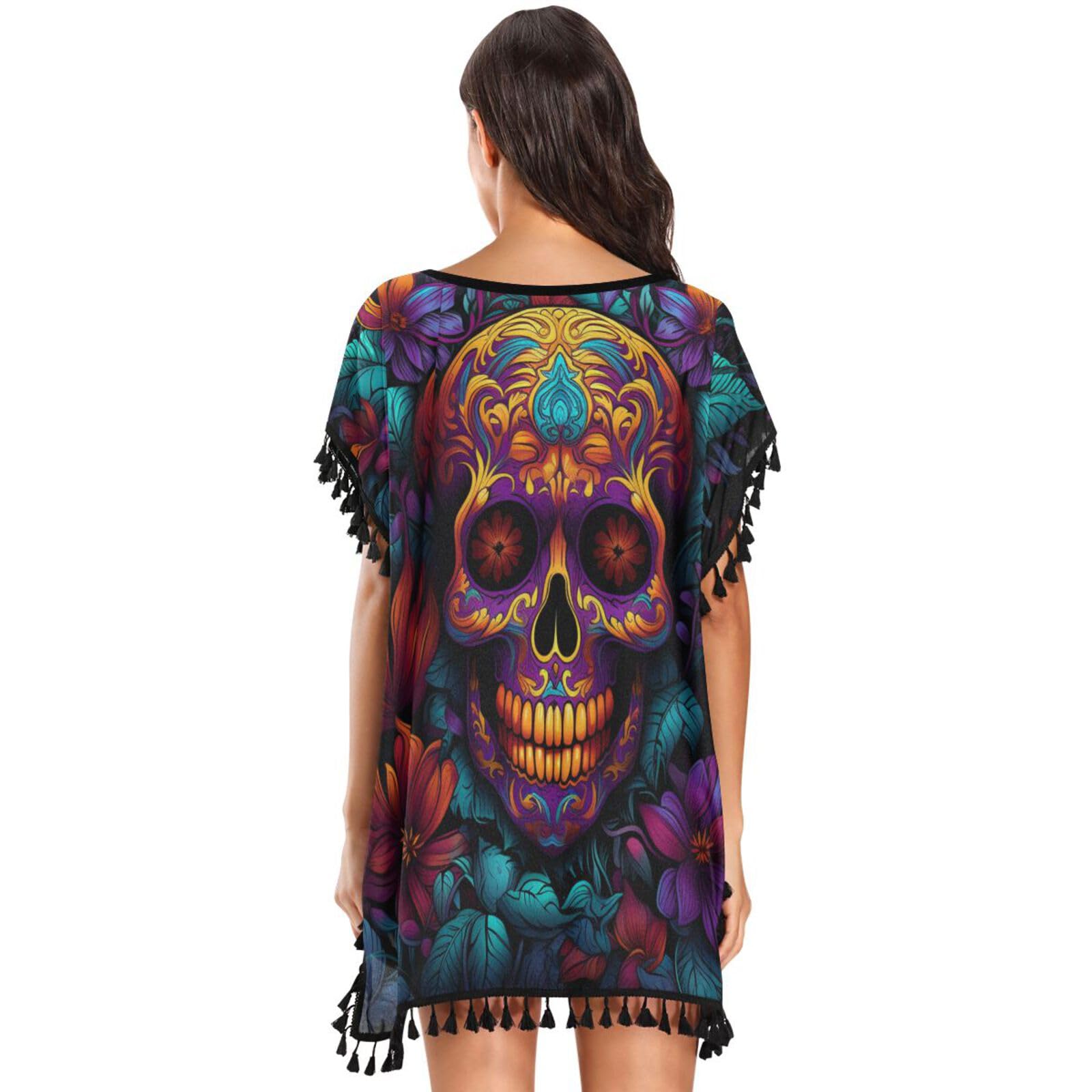 Purple Cyan Skulls Rose Flower Women's Beach Cover Up Chiffon Tassel Swimwear Swimsuit Coverups for Girl