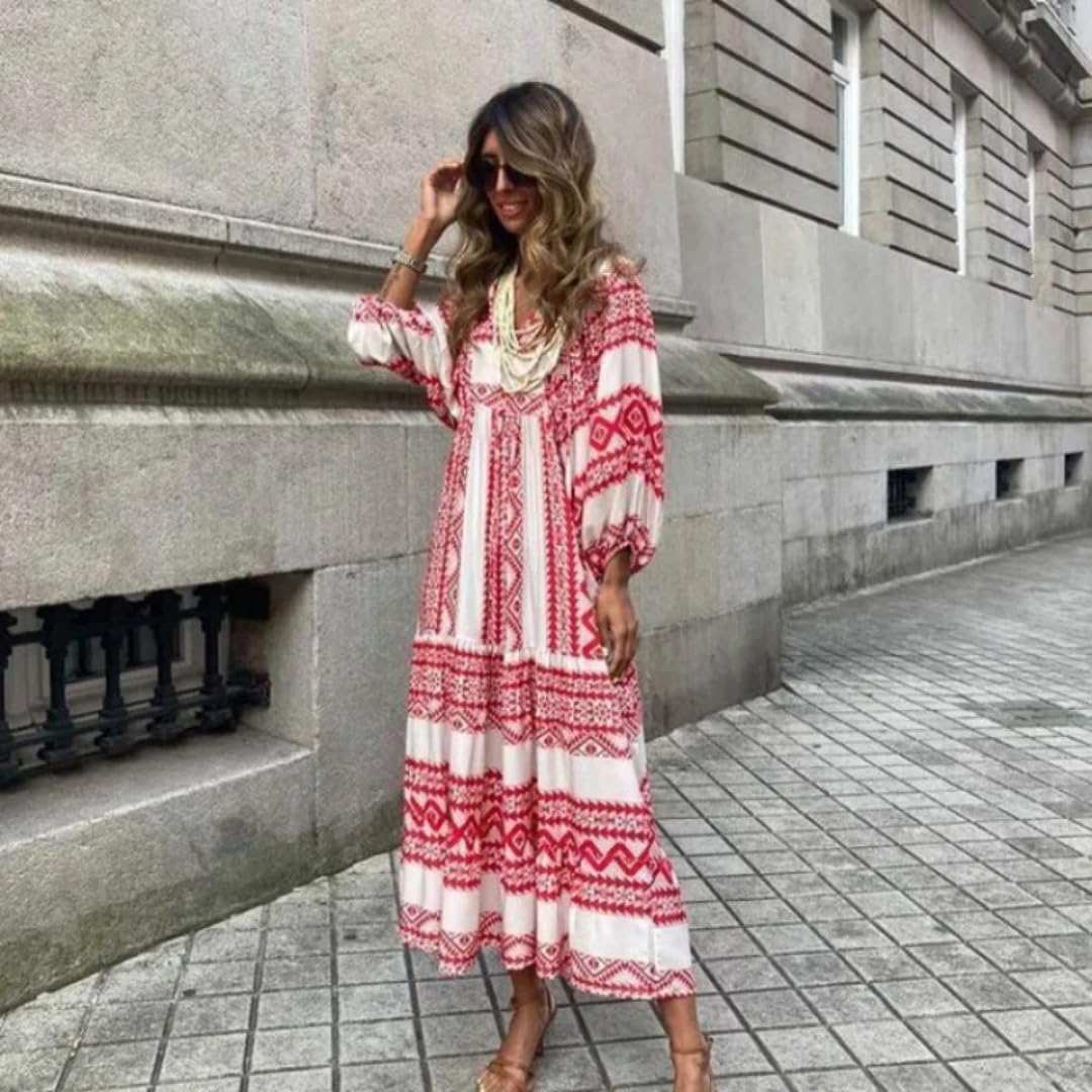 Vestido Largo de otoño de Mujer con Escote en Pico, retalches geométricos de Mangas abullonadas, Vestido Estampado Ropa de Mujer de Calle