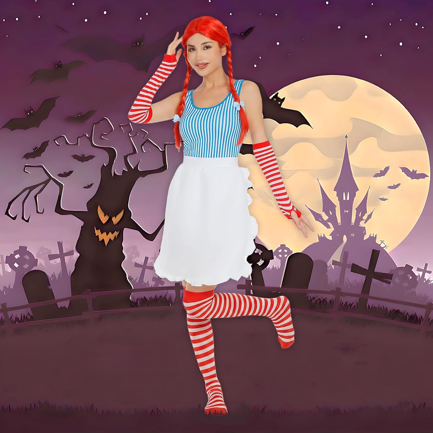 POEWAUVE Halloween Fast Food Costume Women Include Red Wig White Half Waist Apron Long Arm Warmer Gloves Striped High Knee Socks for Deluxe Halloween Cosplay