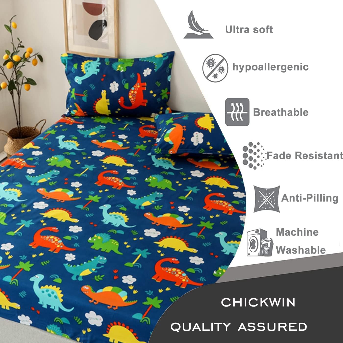 Chickwin Dinosaur Fitted Sheets King Size -30cm Deep, Cute Cartoon Animal Fitted Sheets - Image 5