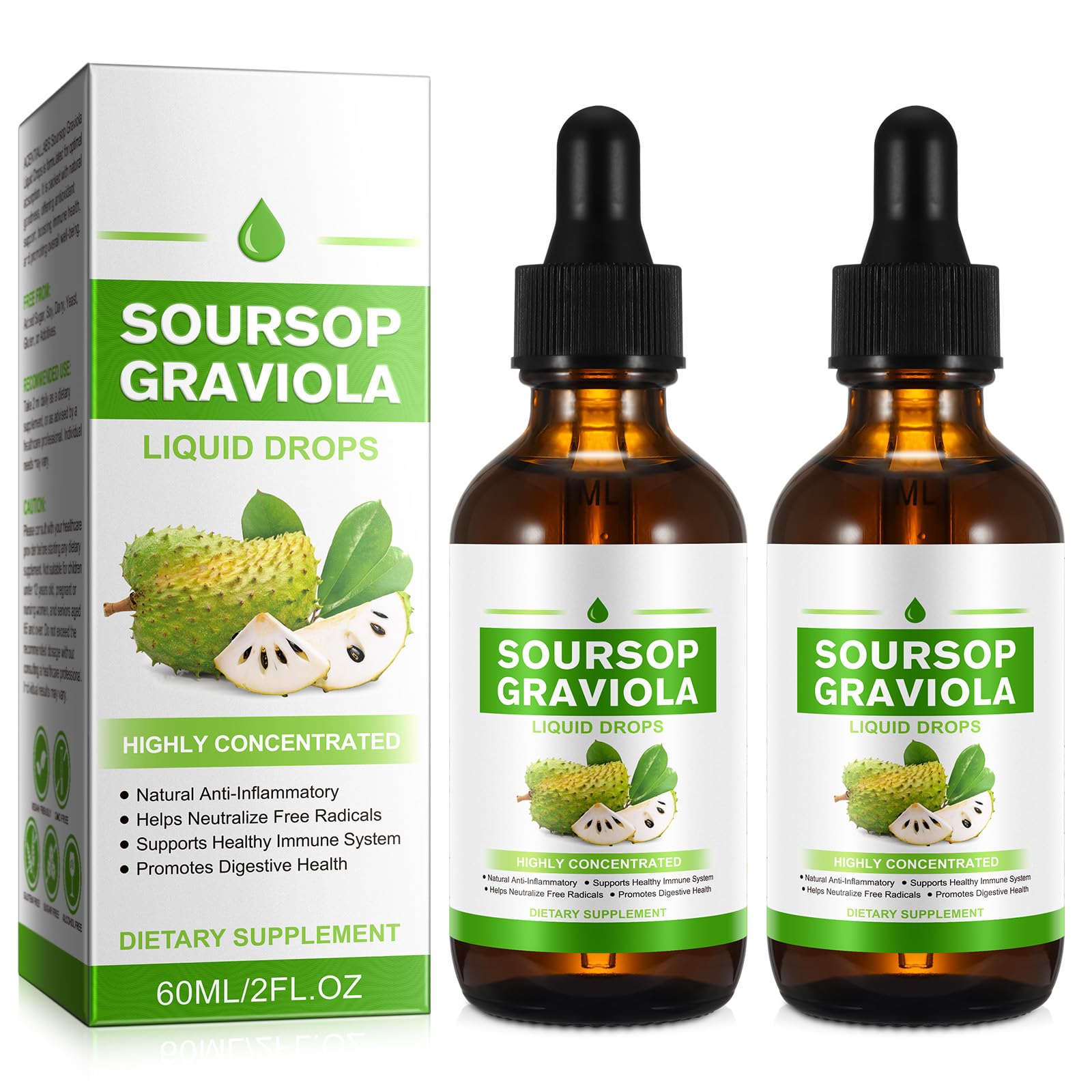 (2 Pack) Soursop Graviola Liquid Drop, Nature Soursop Extract Liquid for Cell Support & Regeneration, Immunity, Liver & Antioxidant, Easy to Absorption