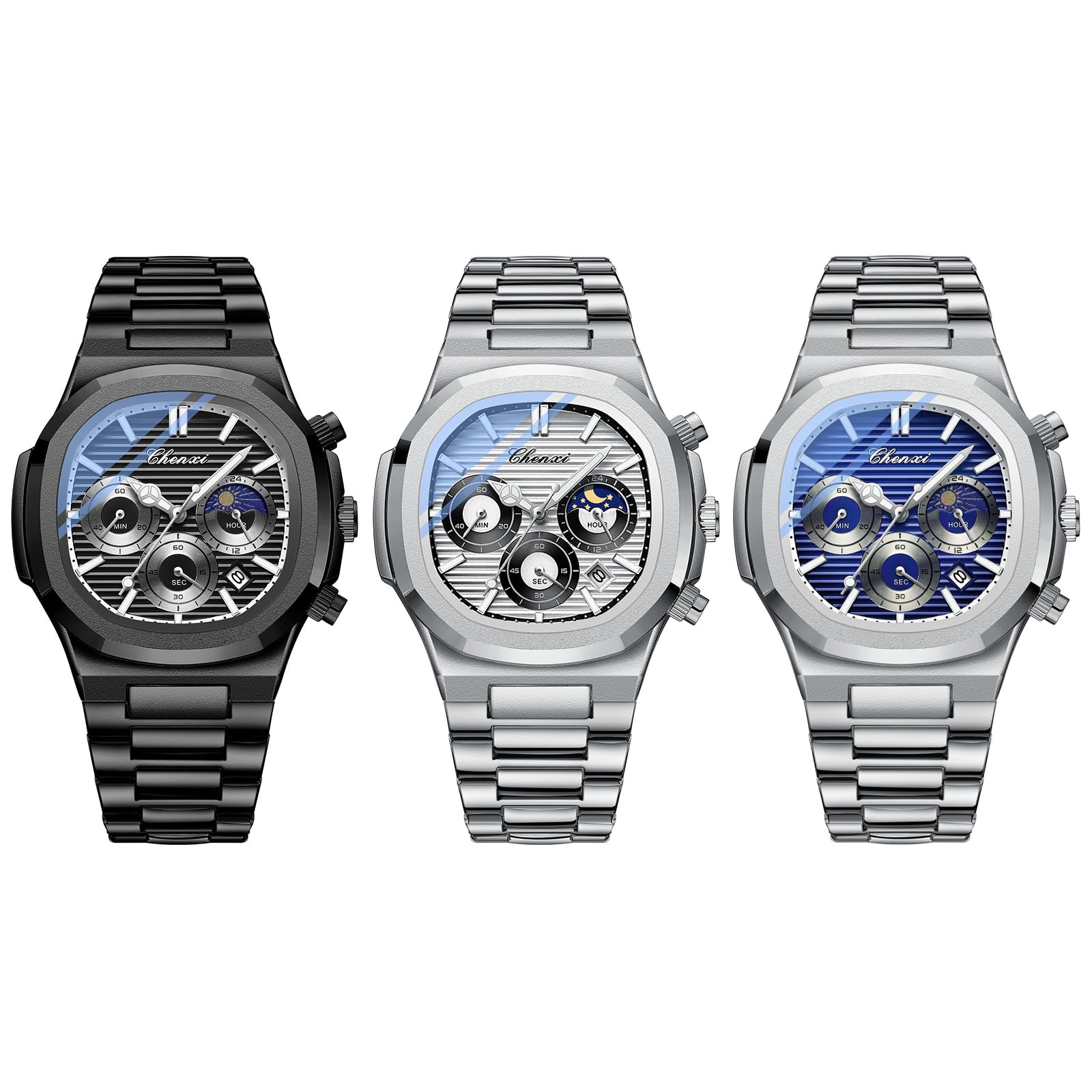 JewelryWe Herrenuhr Quadratische Chronograph Uhr: 3er Set 30