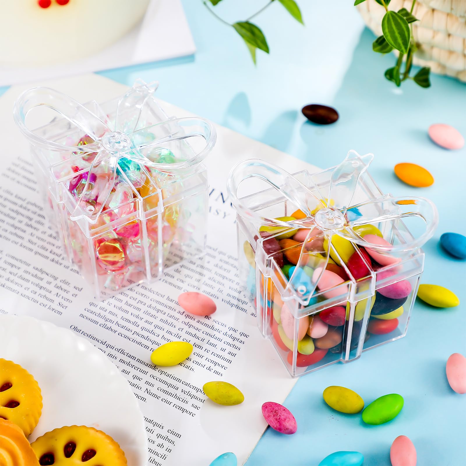 Potchen Transparente Geschenkboxen mit Schleife, 5,1 x 5,1 x 5,8 cm, transparente Geschenkboxen aus Kunststoff, kleine Süßigkeitenbehälter für Hochzeit, Weihnachten, Babyparty, Geburtstag, Party