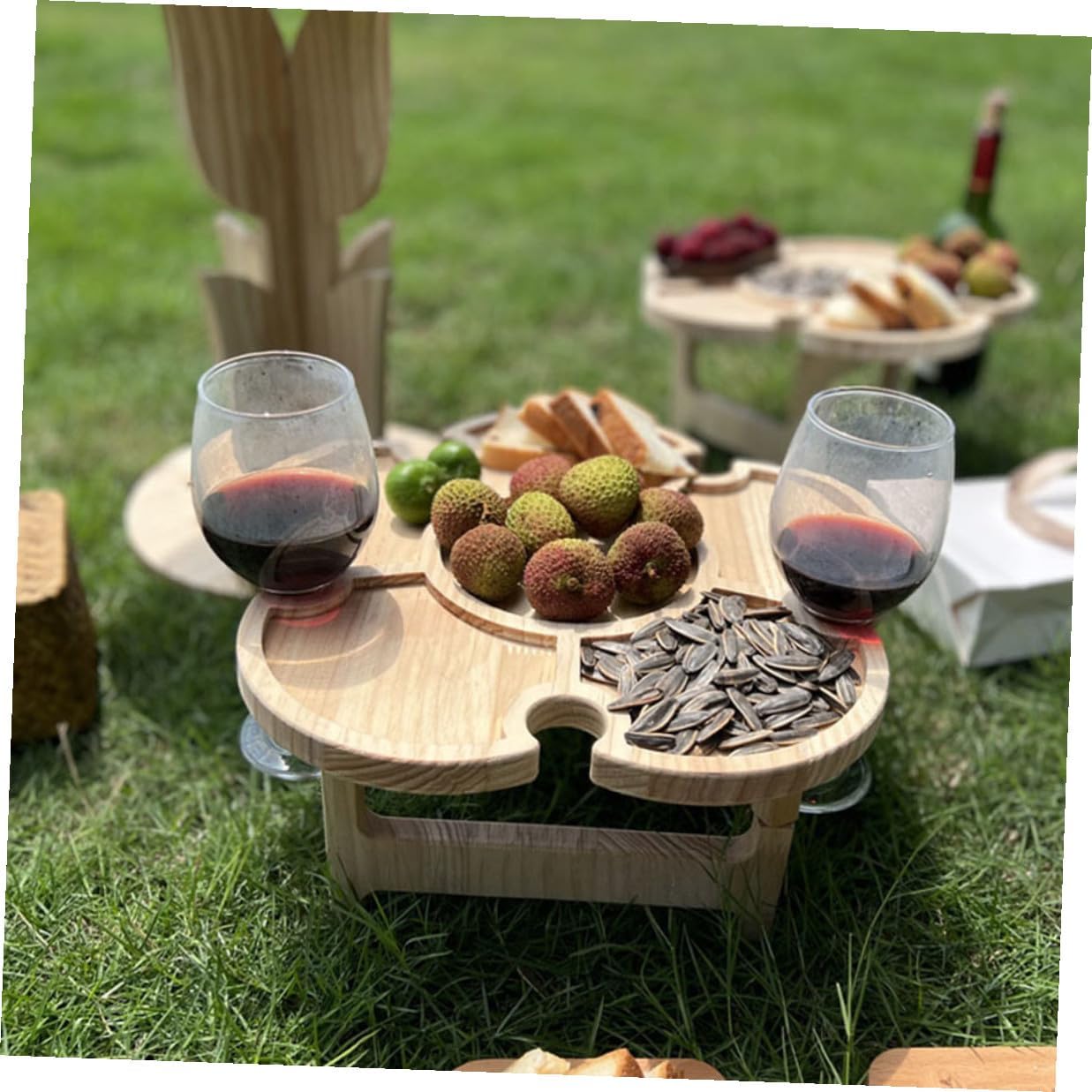 NUOBESTY Portable Folding Outdoor Picnic Table with Wine Holder, 35cm Diameter Wooden Beach Wine Desk for Camping, BBQ, and Leisure Picnic Use
