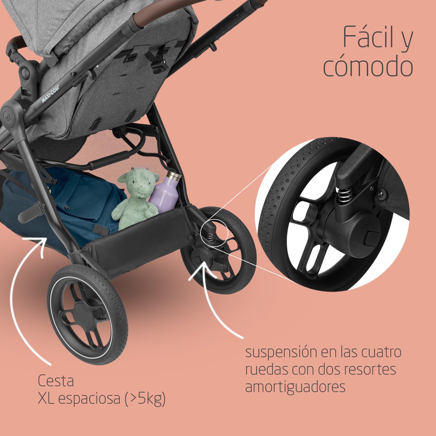 Maxi-Cosi Zelia S Trio Cochecito Bebe 3 Piezas, 0 - 4 Años, hasta 22 kg, Plegable, Compacto y Reclinable Silla de Paseo, con CabrioFix S i-Size Silla Coche Bebe, Accesorios, Bolso Cambiador, Gris