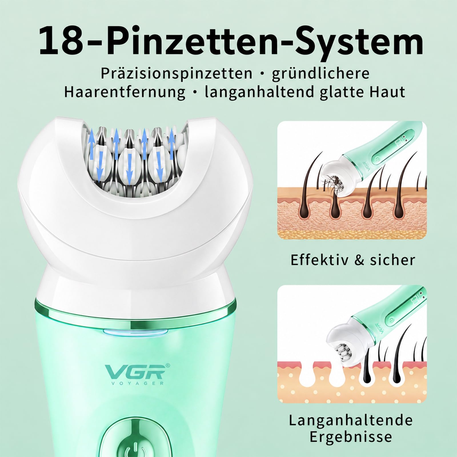 VGR 751 5-in-1 Epilierer Damen Mit Rasierer Gesichtsreinigungsbürste, Grün