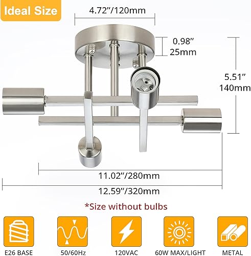 Miniatura 2 de SunRider Lámpara de techo industrial de 4 luces, semiempotrada, níquel cepillado, lámpara de techo Sputnik de granja plateada para sala de estar
