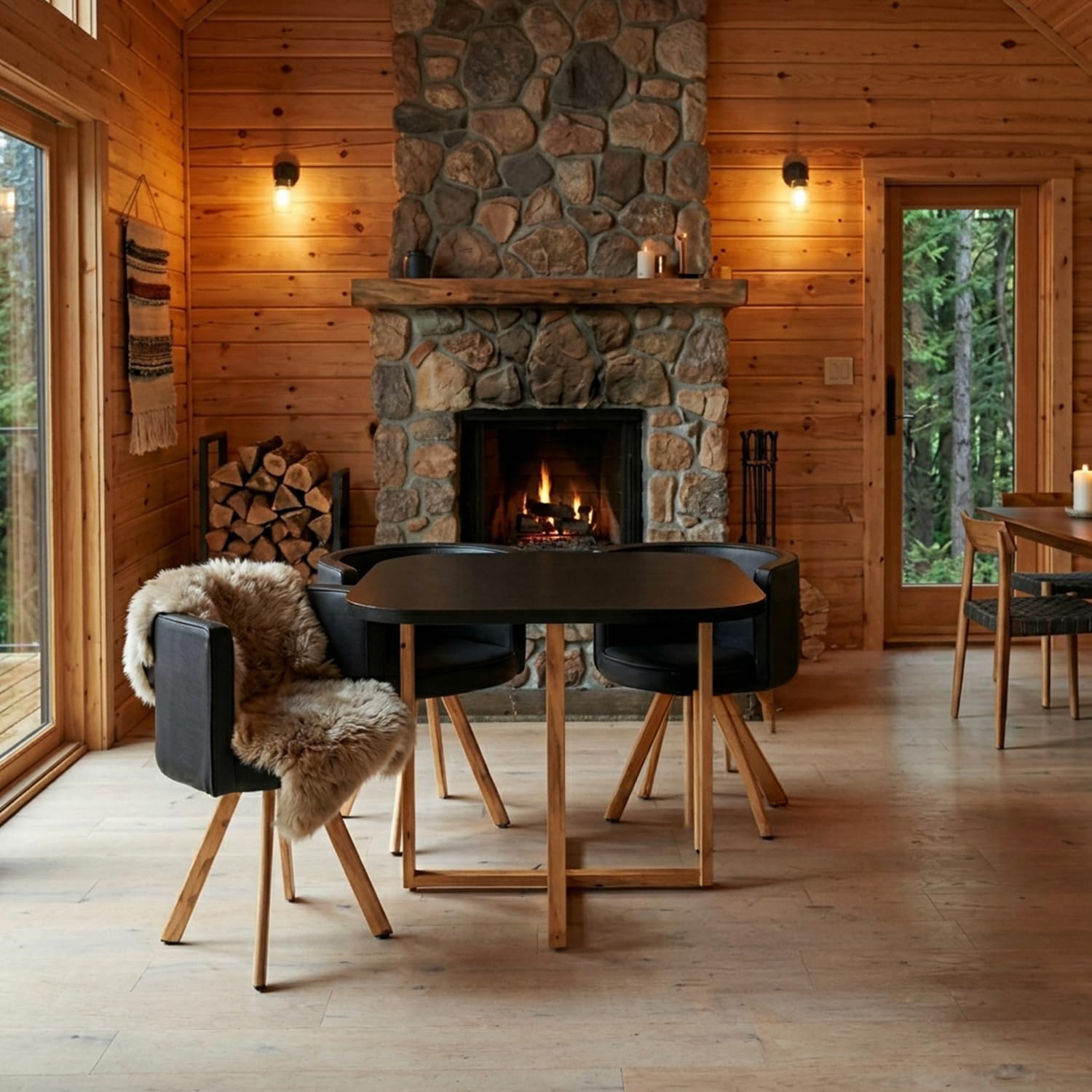 Menzzo Table A Manger Scandinave Oslo avec Chaises Encastrable Revêtement Simili Noir - Pieds Métal Couleur Bois, Assise Moelleuse et Confortable - L90 x P90 x H75 cm