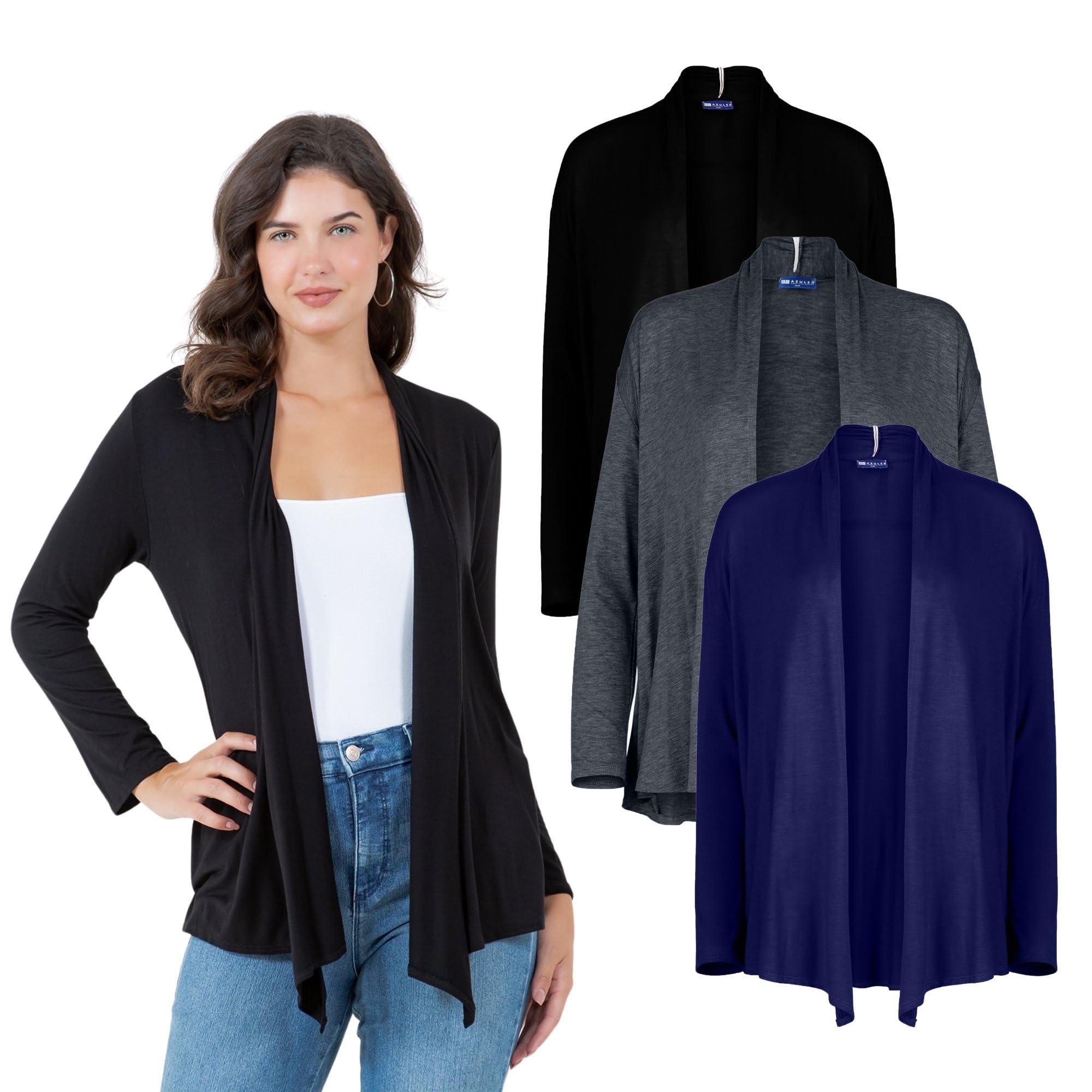 Azules Long Sleeve Open Front Cardigan for Women 3 Packs Lightweight Rayon Sweater Soft Flowy Layer for Casual