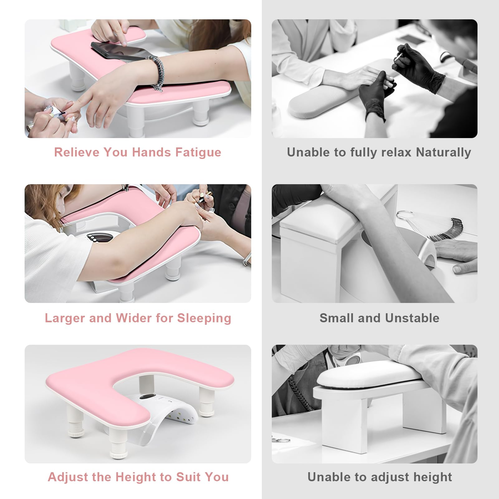 Bracciolo per Nail Tech, regolabile in altezza a forma di U per manicure, grande poggia mano in pelle PU in microfibra per nail tech, bracciolo professionale per salone di bellezza (bianco) (rosa)