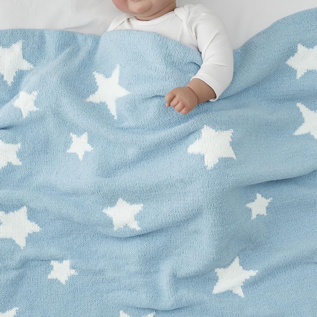 CREVENT 30"X40" Cozy Soft Warm Chenille Baby Blanket for Girls Boys, Newborn Essentials for Infant, Baby Shower Receiving Gift - Blue Star - Image 2