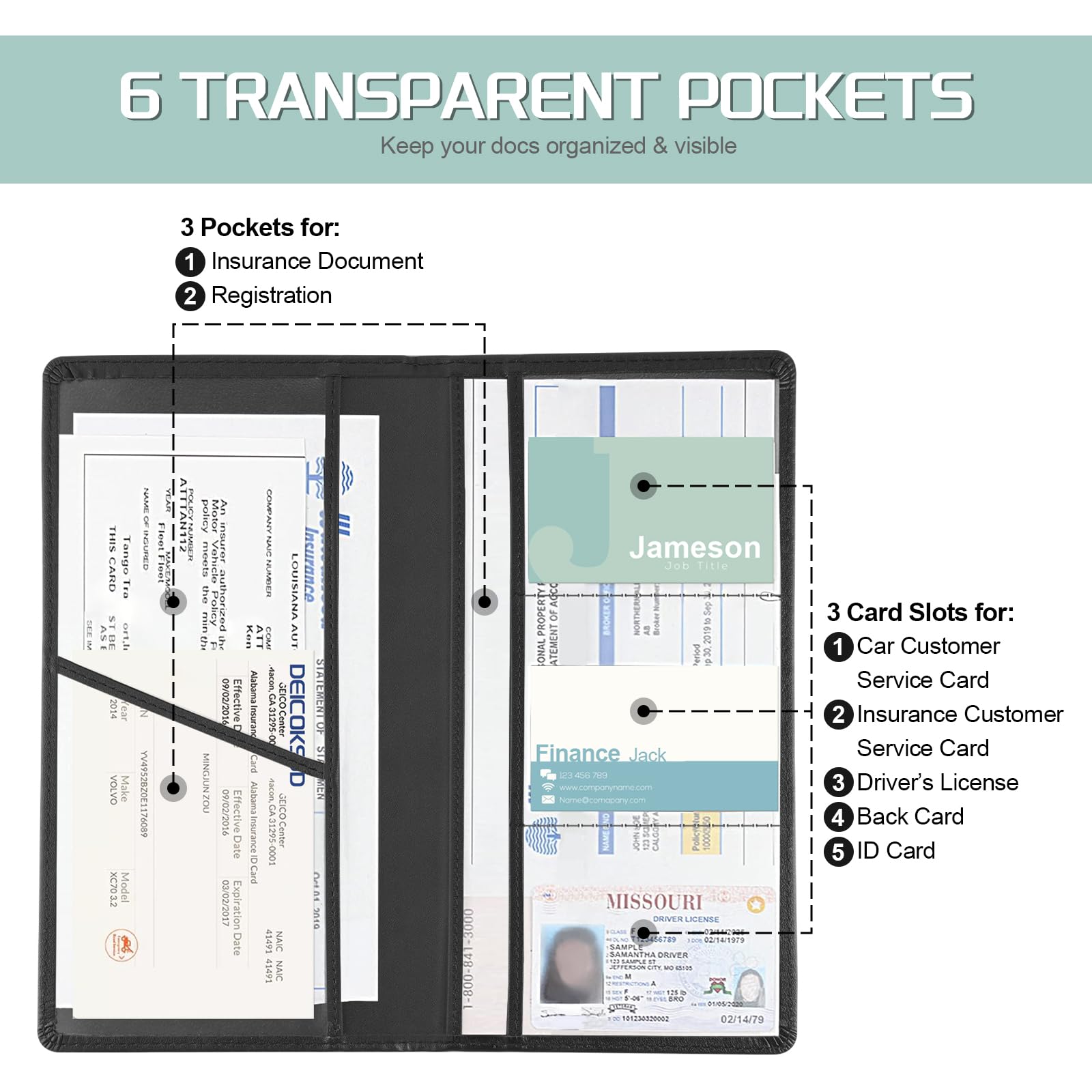 JUSTTOP 1Pack Car Registration and Insurance Holder,Car Document Holder for Cards License with Magnetic Shut,Vehicle Glove Box Car Organizer for Documents, Cards, License(Black)