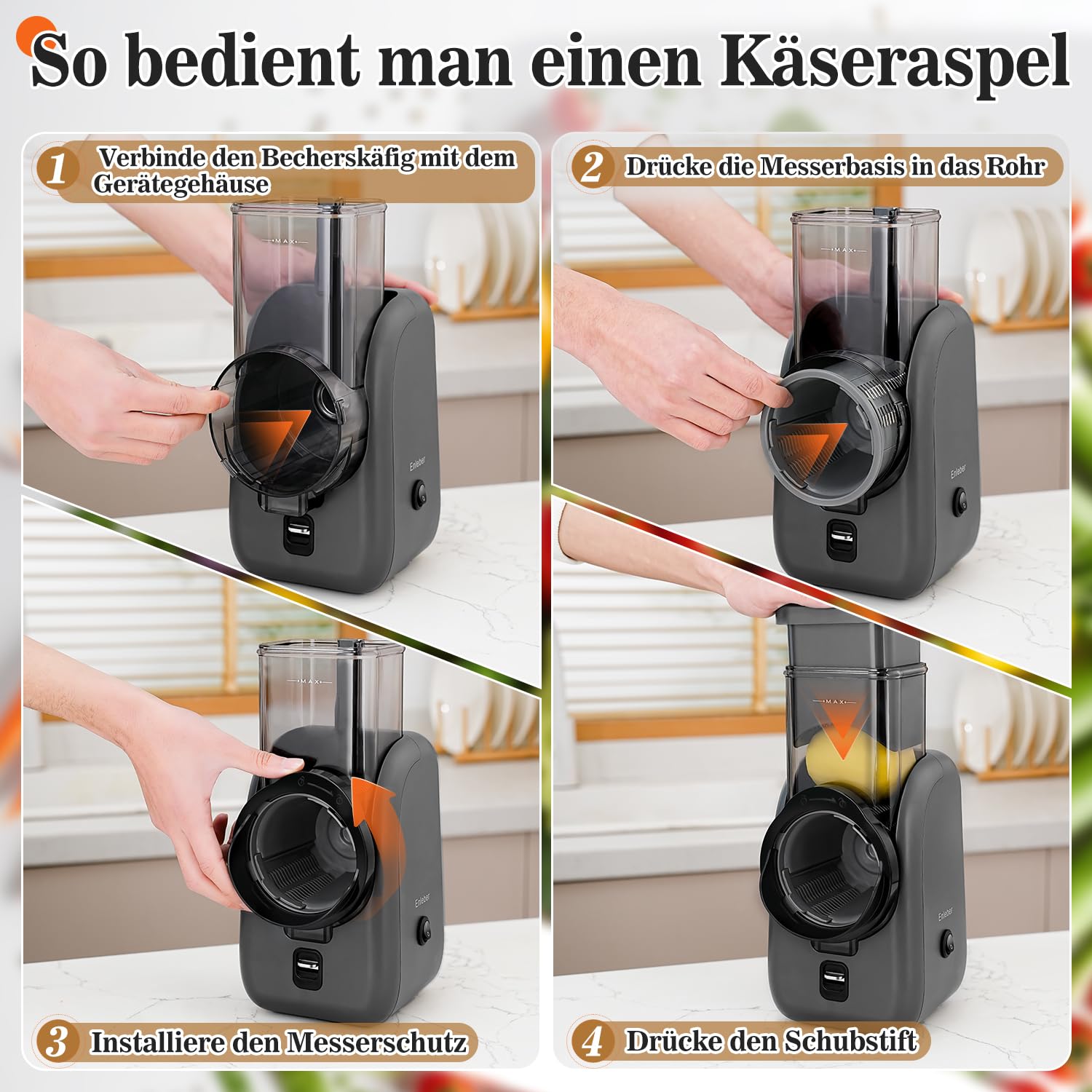 Elektrische Küchenreibe, Elektrische 6-in-1 Multireibe, Reiben & Raspeln von Obst, Gemüse,Käse & mehr, Elektrischer Gemüsehobel Küchenmaschine Reibe Multifunktionsreibe, grau-schwarz