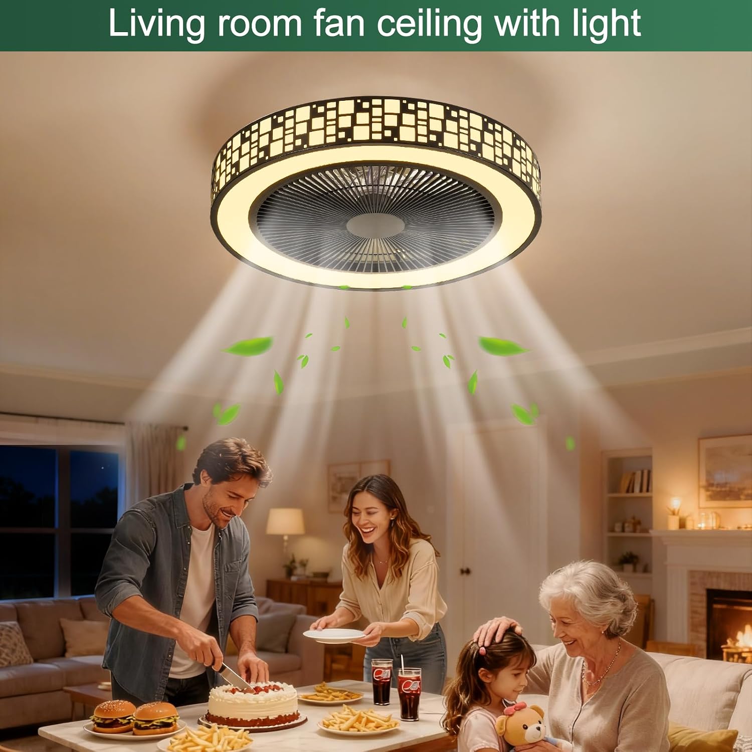 20 Inch Small Flush Mount Ceiling Fan with Lights, Cage Low Profile Ceiling Fans with Lights and Remote, Dimmable Farmhouse Dining Room LED fan light, Black Fandelier Bedroom Chandelier