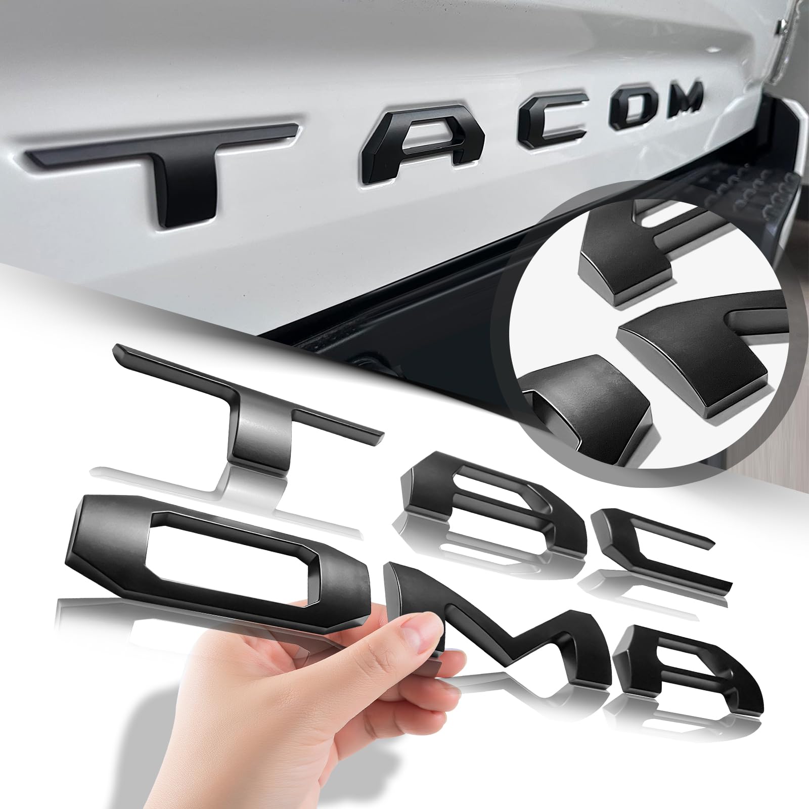 Tailgate Insert Letters Tacoma Accessories Compatible with 2016-2023 3D Raised Emblem Decals Badge with Strong Adhesive Matte Black 6Pcs (Domed Matte Black)