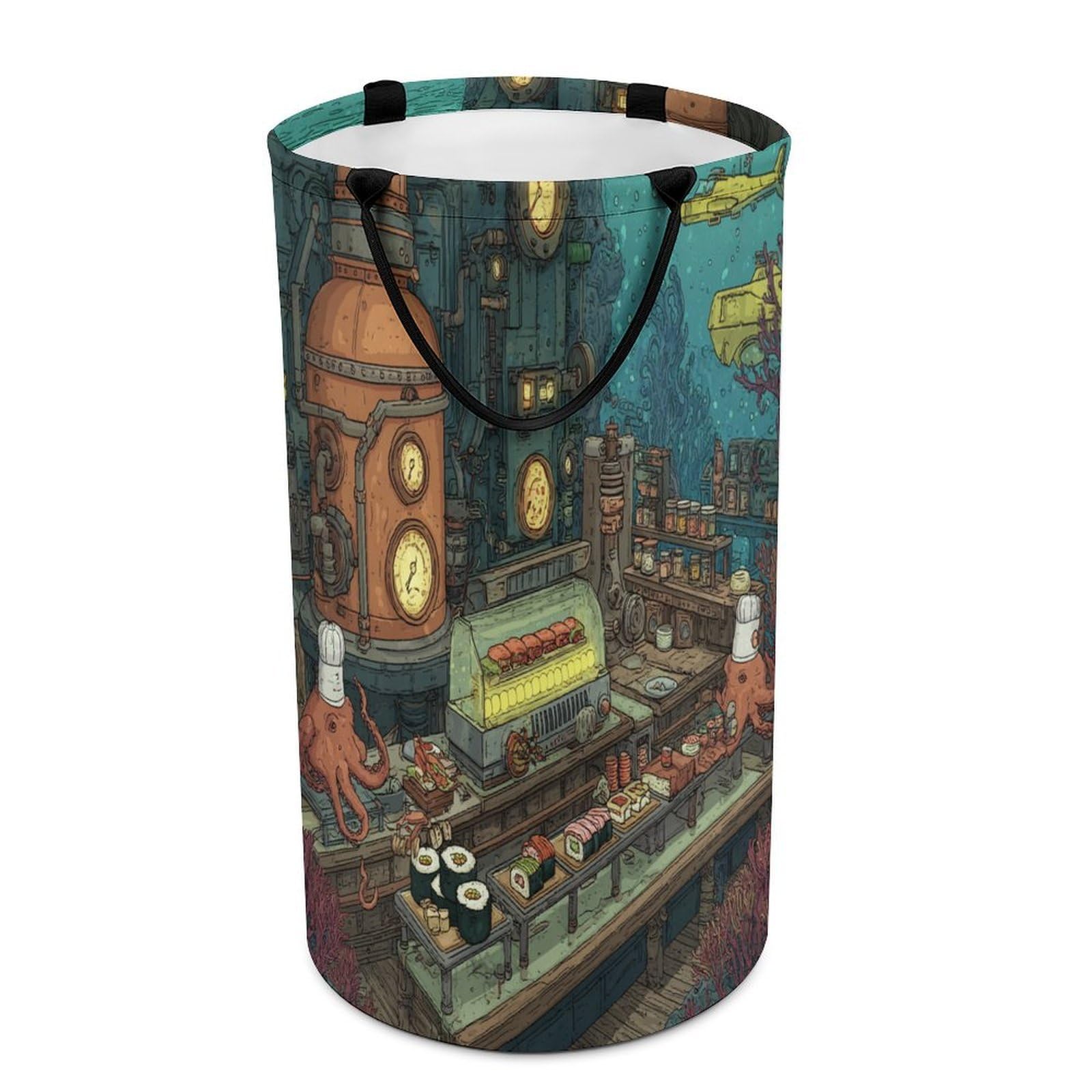 LUYYSKY Classic Watercolor Octopus Chef Versatile Storage Laundry Basket, Fantasy Japanese Sushi Underwater Animal Octopus Fish Large Bathroom Laundry Hamper With Handle-40 CM Dia, 69 CM High
