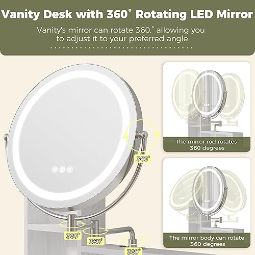 Miniatura 2 de IRONCK Escritorio de tocador con espejo de luces LED y toma de corriente, tocador de maquillaje con taburete de almacenamiento y estante para
